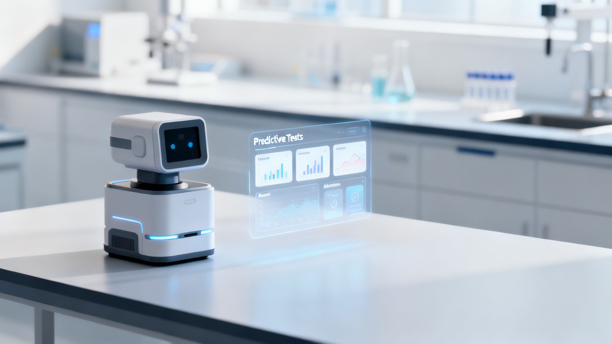 A small white robot in a modern lab displays a holographic interface with 'Predictive Tests' data.