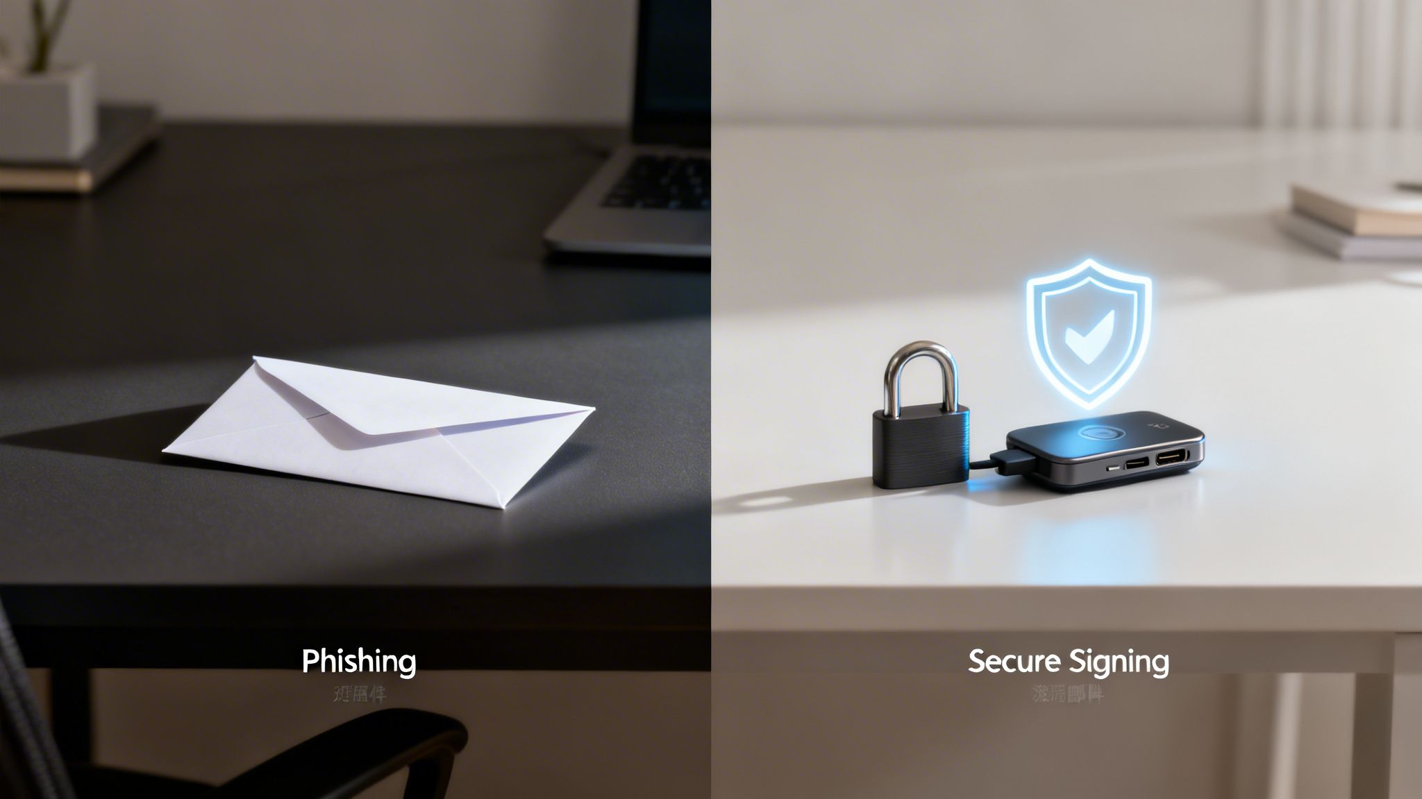 Visual comparison of insecure phishing threats and secure digital signing with hardware key protection.