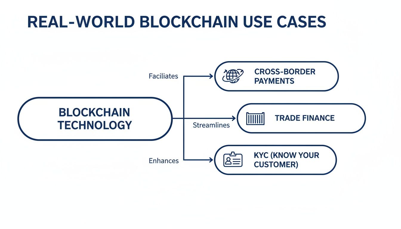 Diagram illustrating real-world blockchain technology use cases for cross-border payments, trade finance, and KYC.