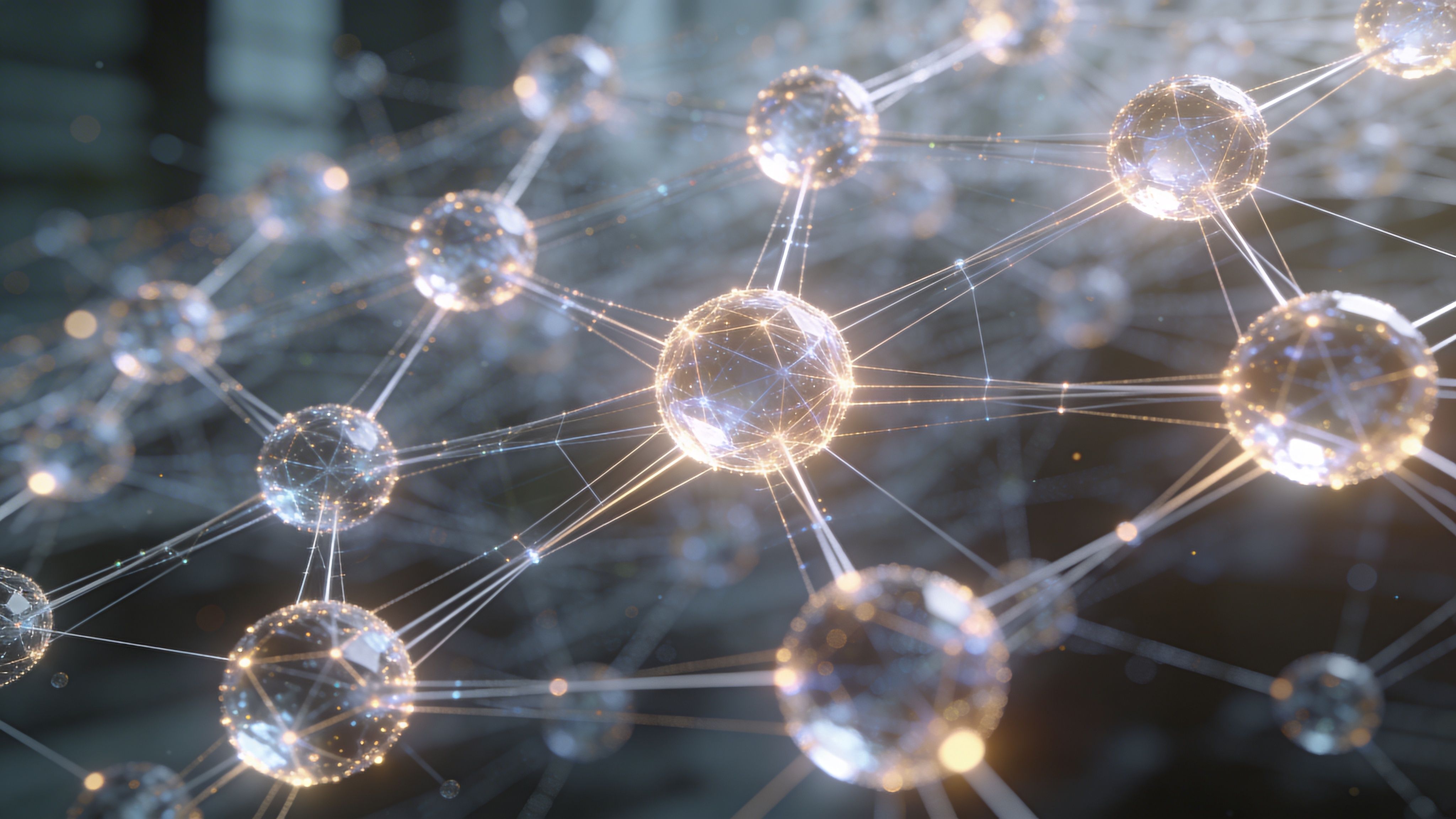 A 3D visualization of a glowing digital blockchain network with interconnected nodes and data transmission lines.
