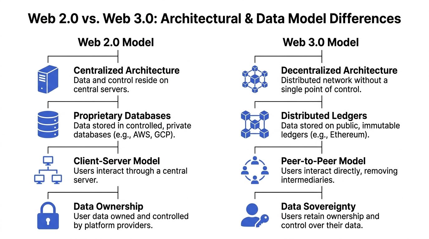 A comparison chart outlining the key architectural and data model differences between Web 2.0 and Web 3.0 technologies.