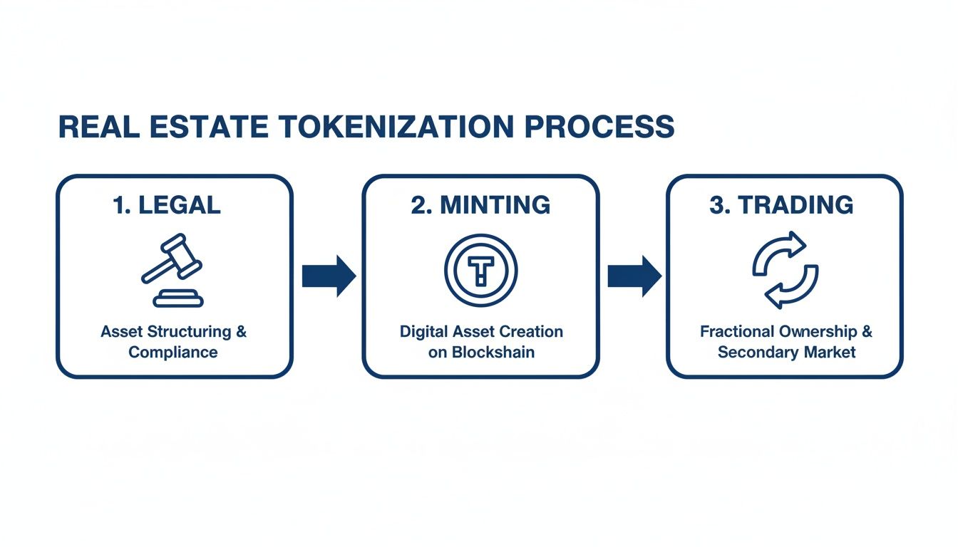 An infographic detailing the three-step real estate tokenization process: legal, minting, and trading.