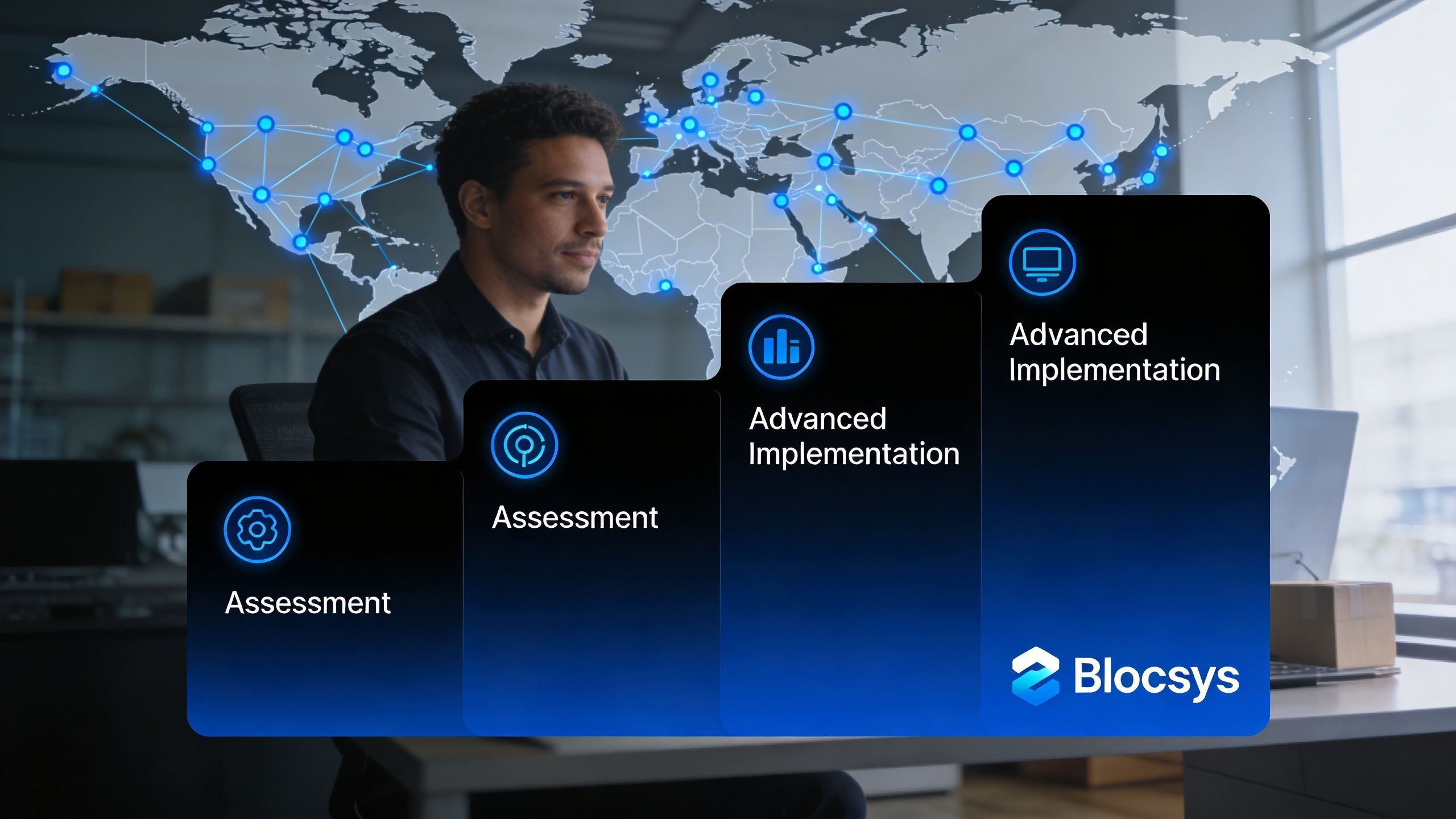 A professional analyzing digital supply chain processes represented by a glowing network map and workflow step graphics.