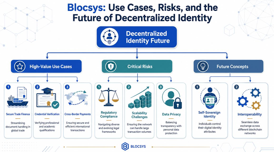 A diagram illustrating the use cases, critical risks, and future concepts for decentralized identity using blockchain technology.