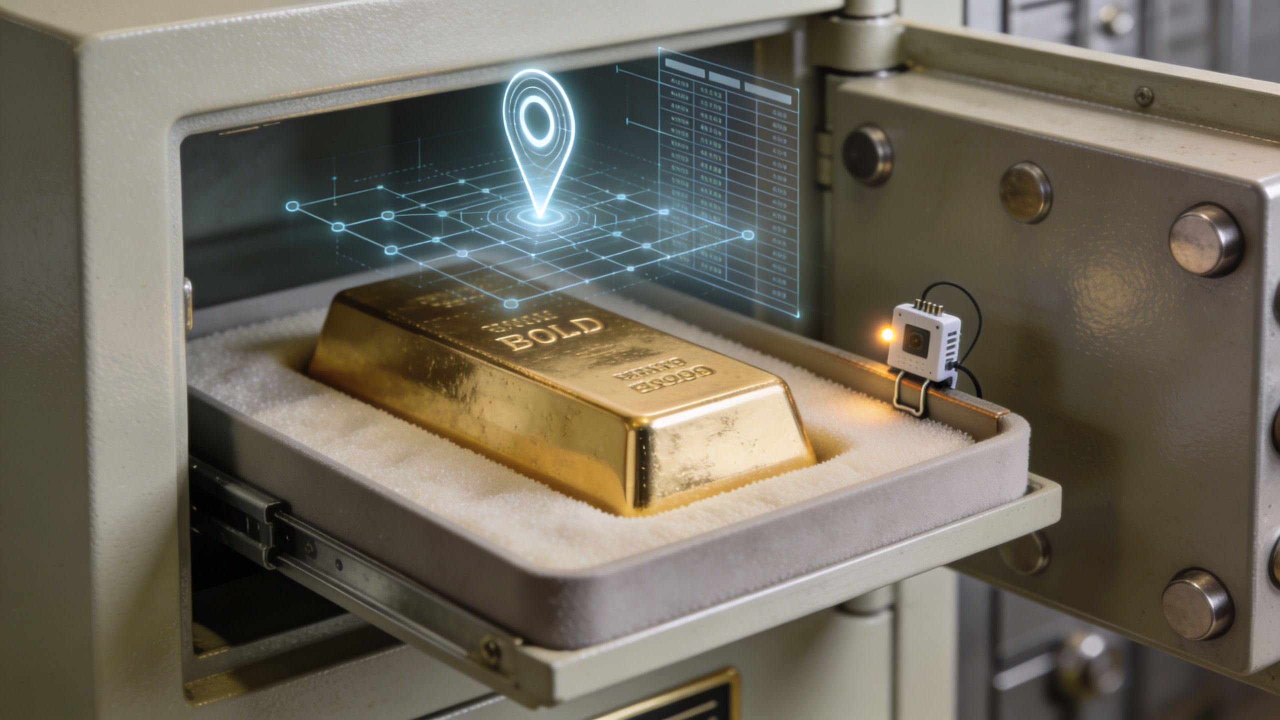 A gold bar inside a secure vault monitored by a small Internet of Things tracking device.