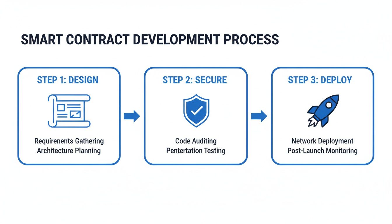 Infographic showing the three-step smart contract development process, from design to secure deployment.