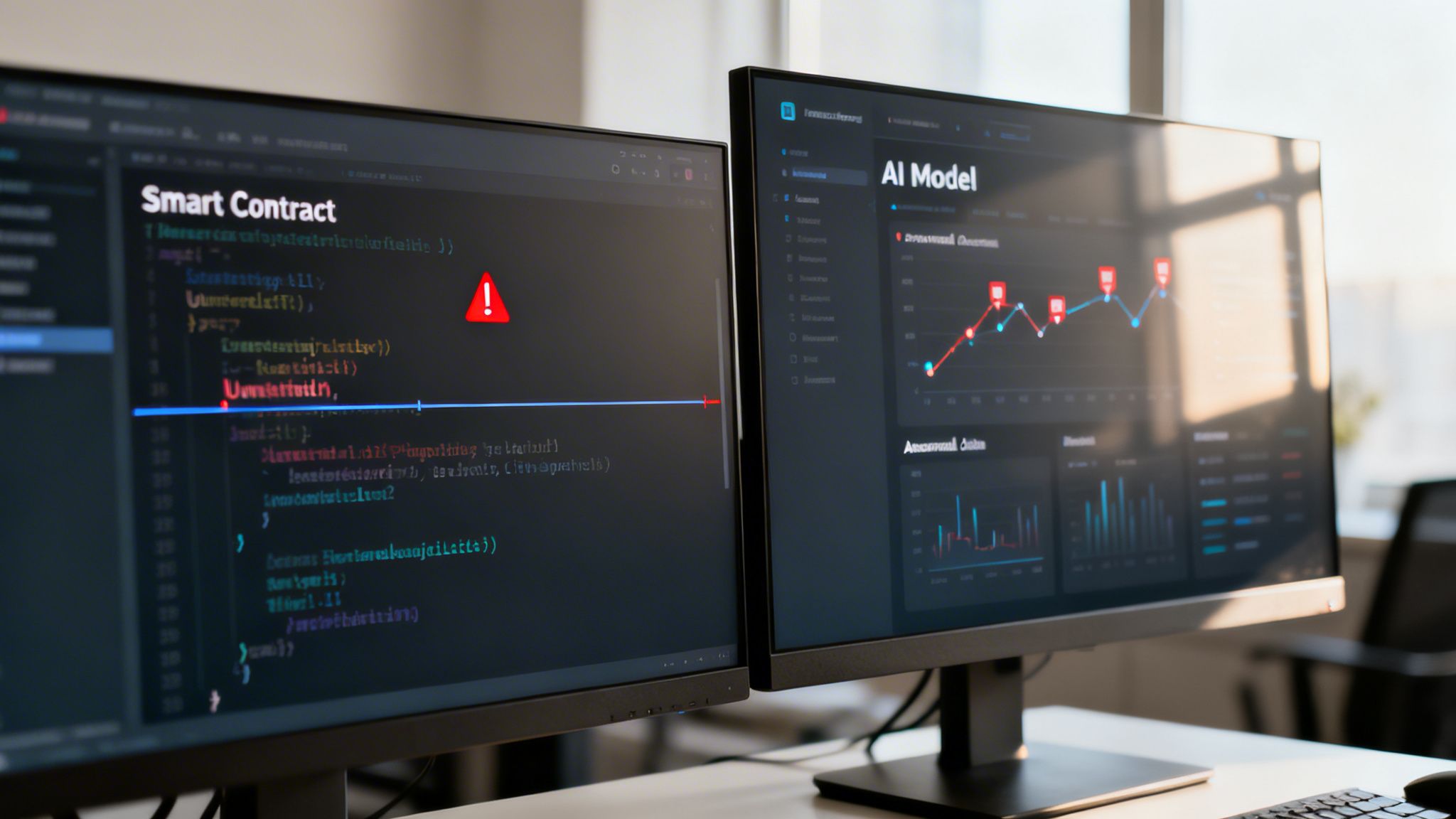 Desk setup with dual monitors showing smart contract code error and AI model data.