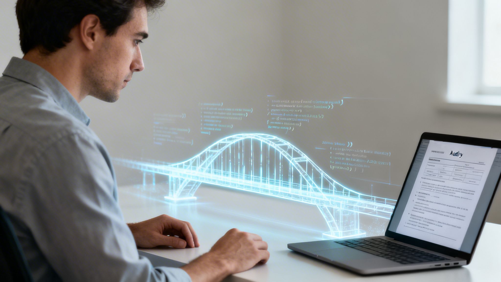 A man looking intently at a holographic 3D model of a bridge with code overlay, next to a laptop.