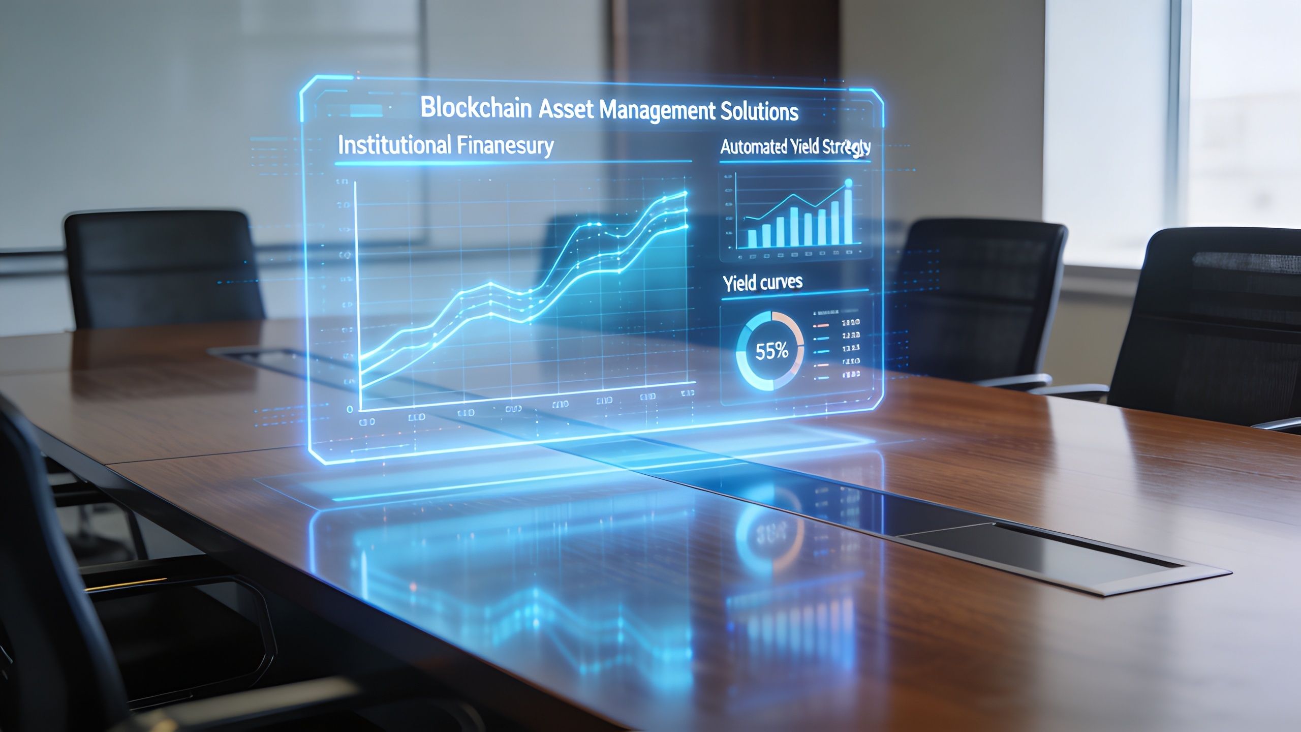 A futuristic digital holographic display of blockchain asset management financial charts floating over a wooden conference table.