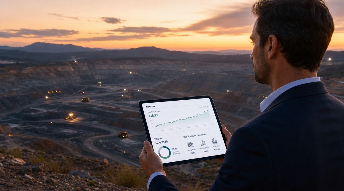 A professional man holding a tablet showing investment returns while overlooking a large industrial mining site.
