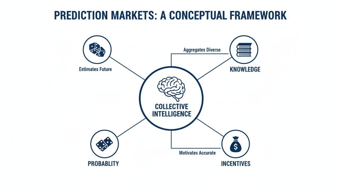 Diagram of prediction markets conceptual framework, illustrating collective intelligence from knowledge, probability, incentives, and future estimates.