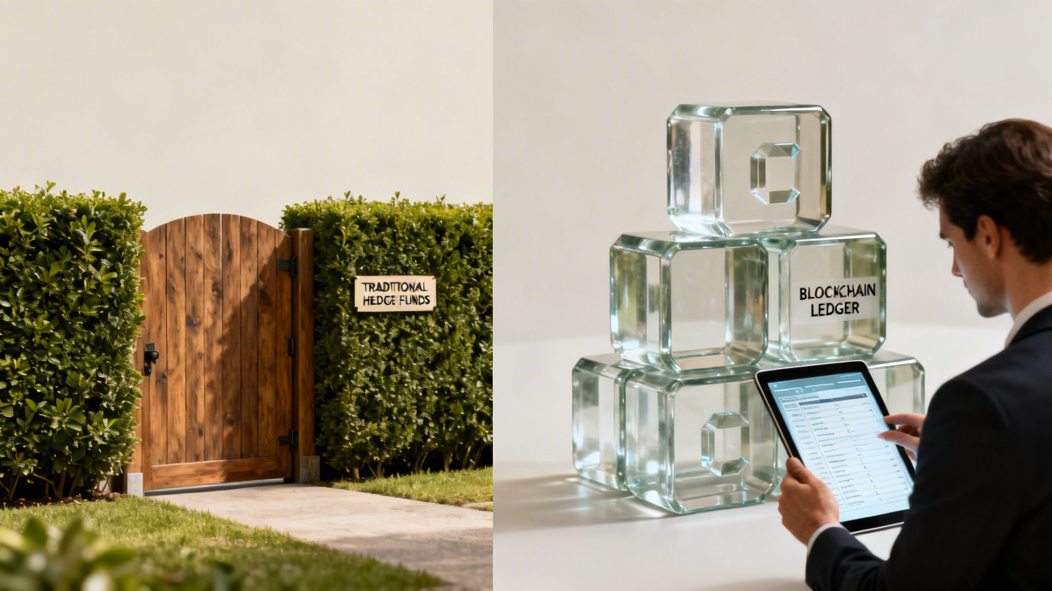 Side-by-side comparison of traditional hedge funds (gate) and blockchain ledger (man with tablet, glass blocks).