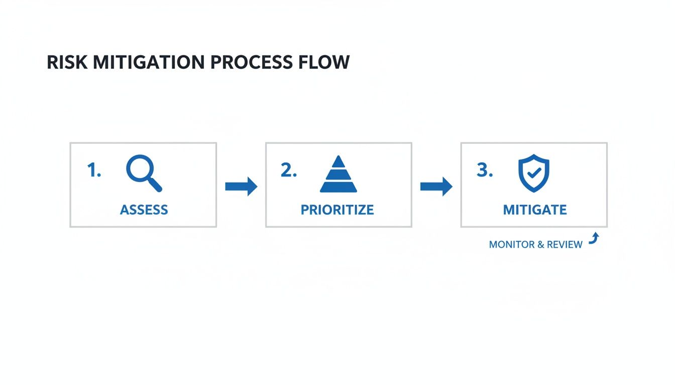 Diagram showing a three-step risk mitigation process flow: assess, prioritize, and mitigate, with monitoring and review.