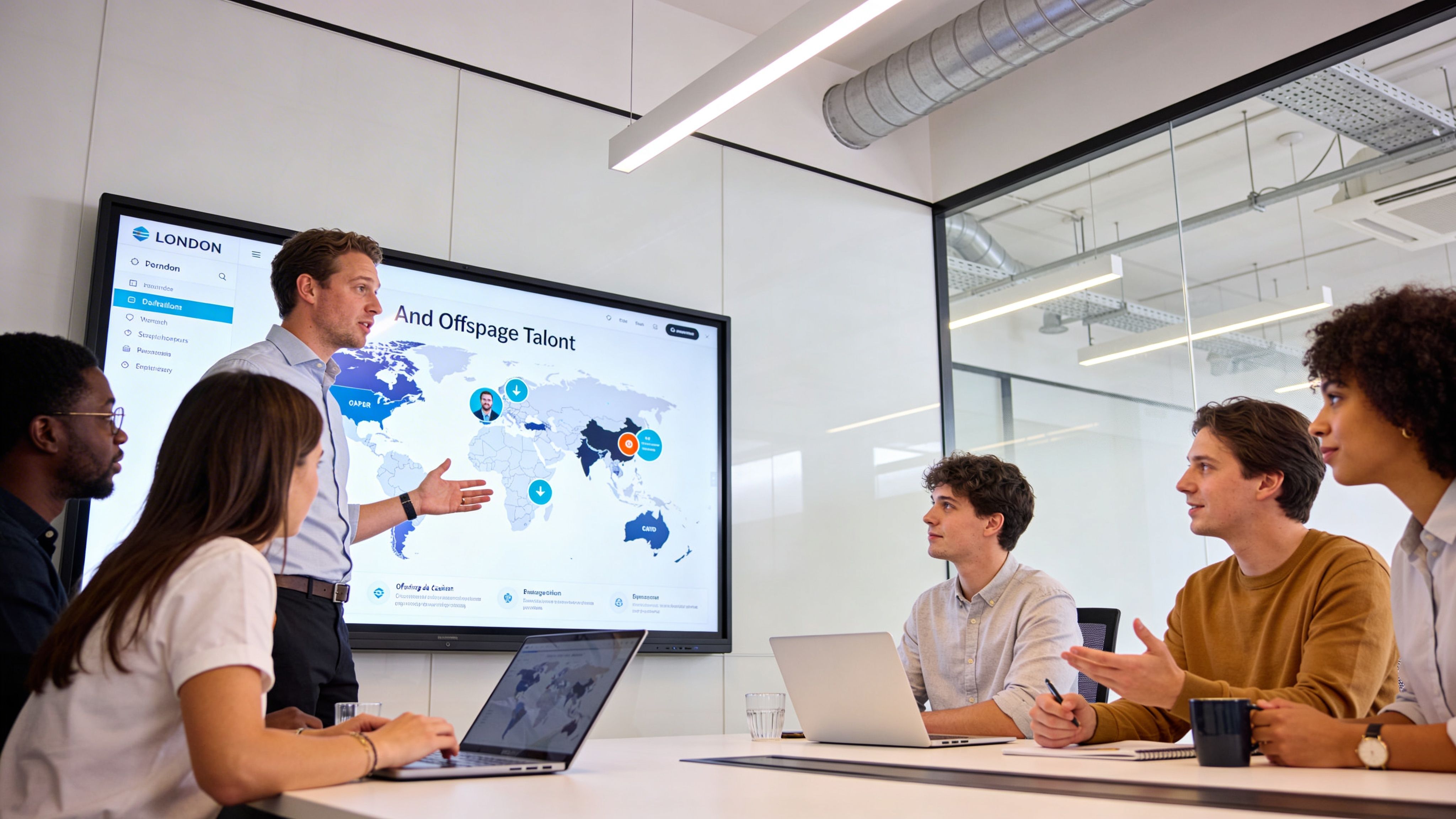 A professional team discussing global hiring strategies during a business meeting in a modern office boardroom.
