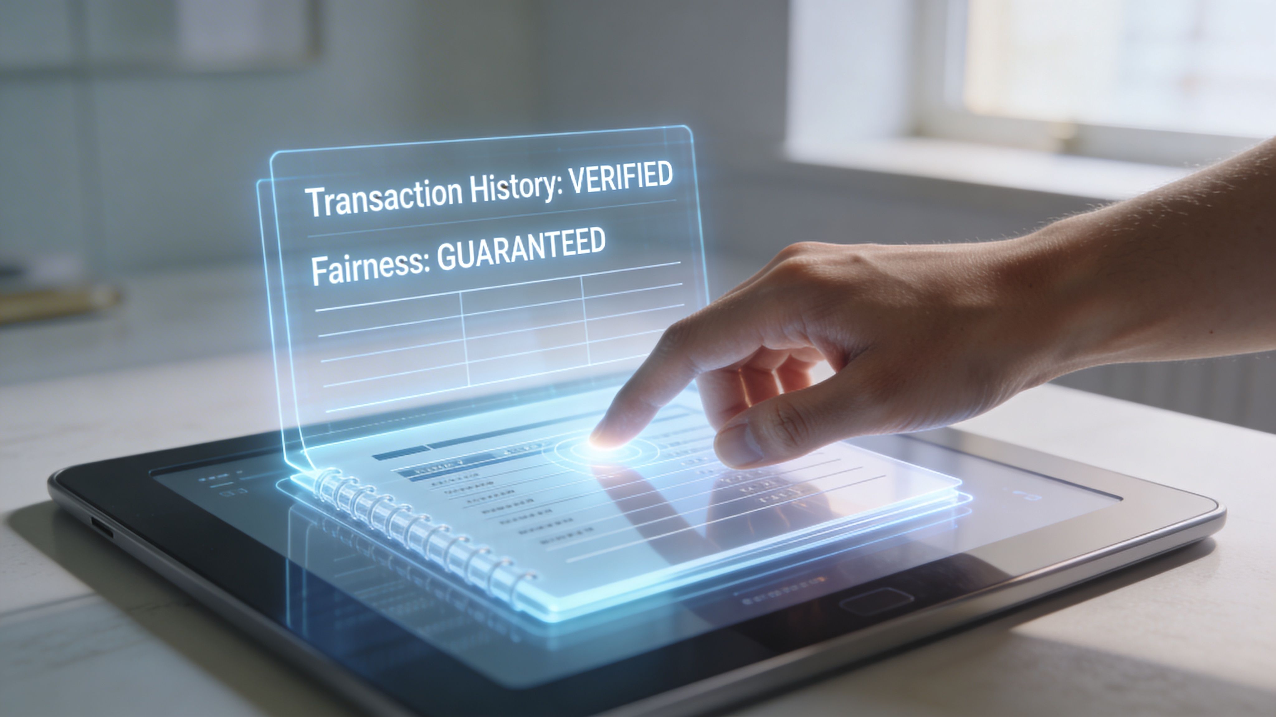 A human finger touches a futuristic holographic digital interface displaying verified transaction history and guaranteed fairness status.