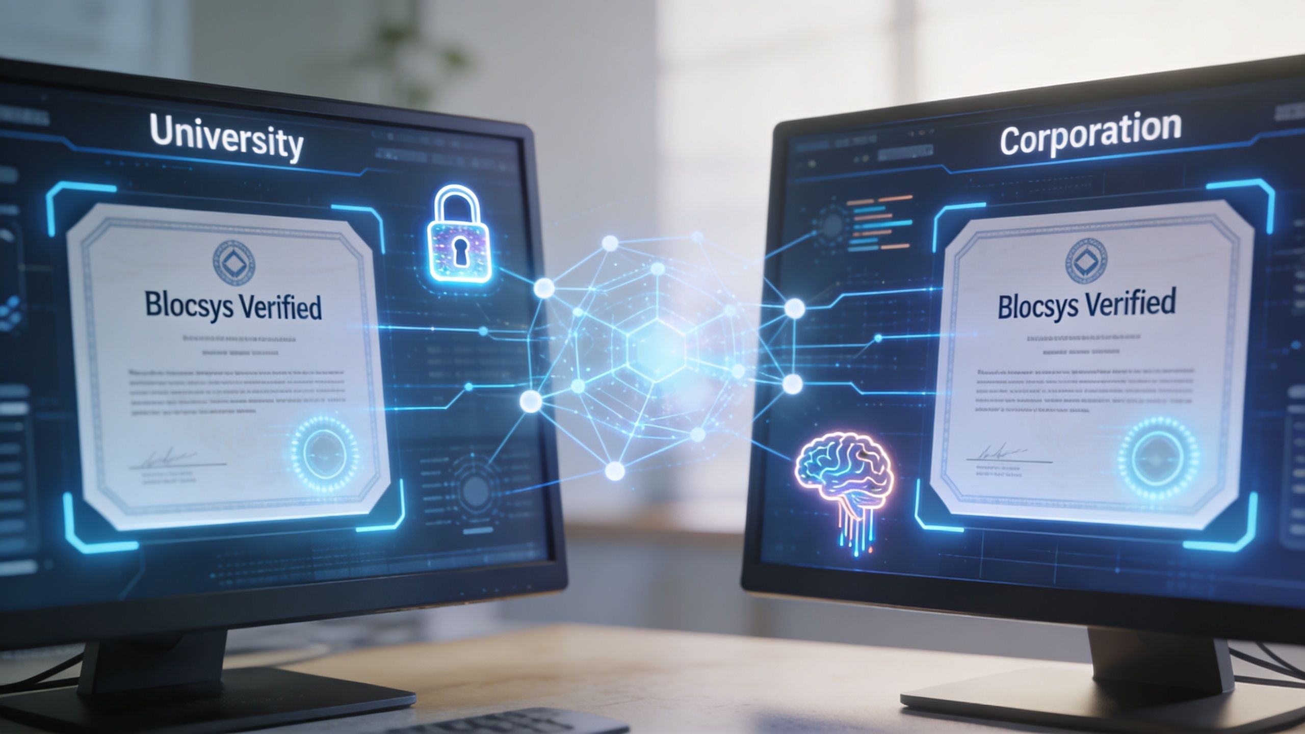 Two computer screens displaying Blocsys verified digital certificates, symbolizing secure data transfer between universities and corporations.