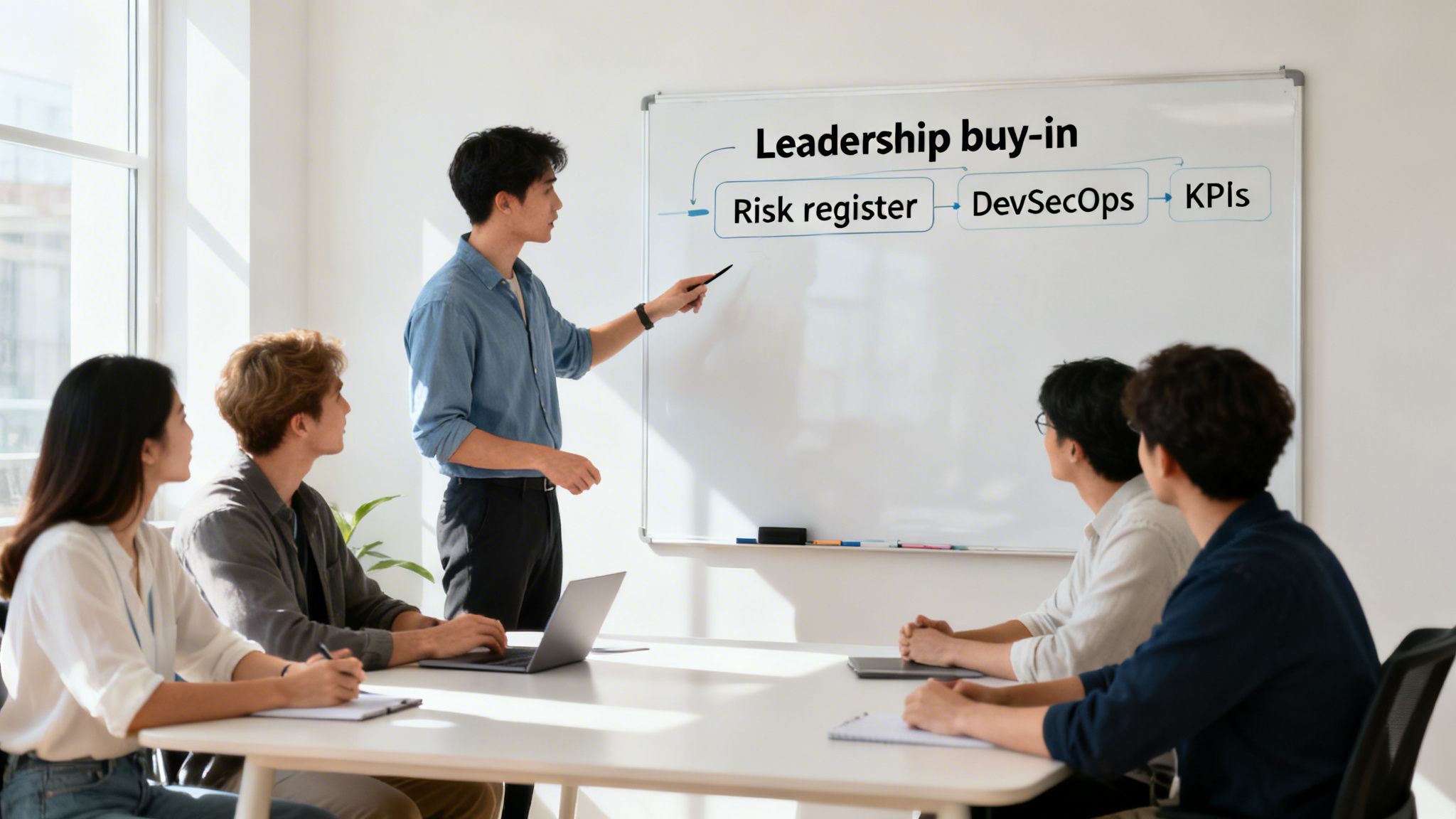 A male presenter explains a diagram on a whiteboard to a diverse team in an office meeting.