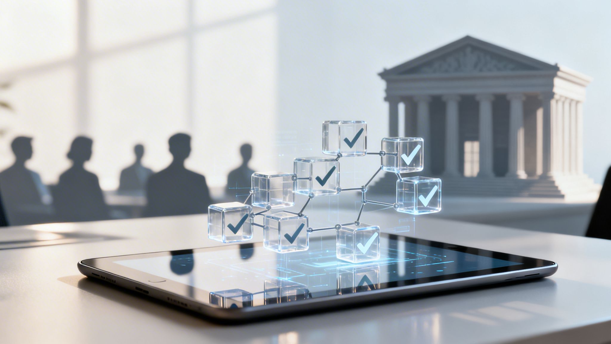 A digital tablet projects a holographic blockchain network with verified blocks in a financial setting.