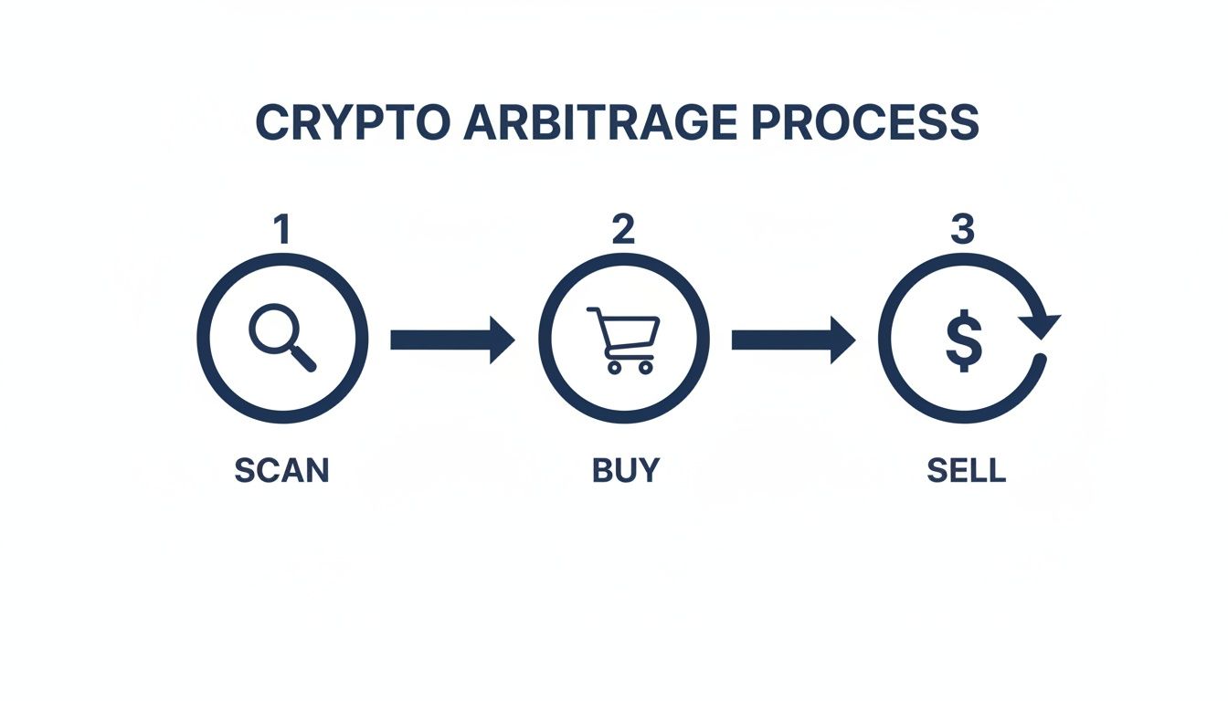 A three-step diagram illustrating the crypto arbitrage process: scan, buy, and sell.