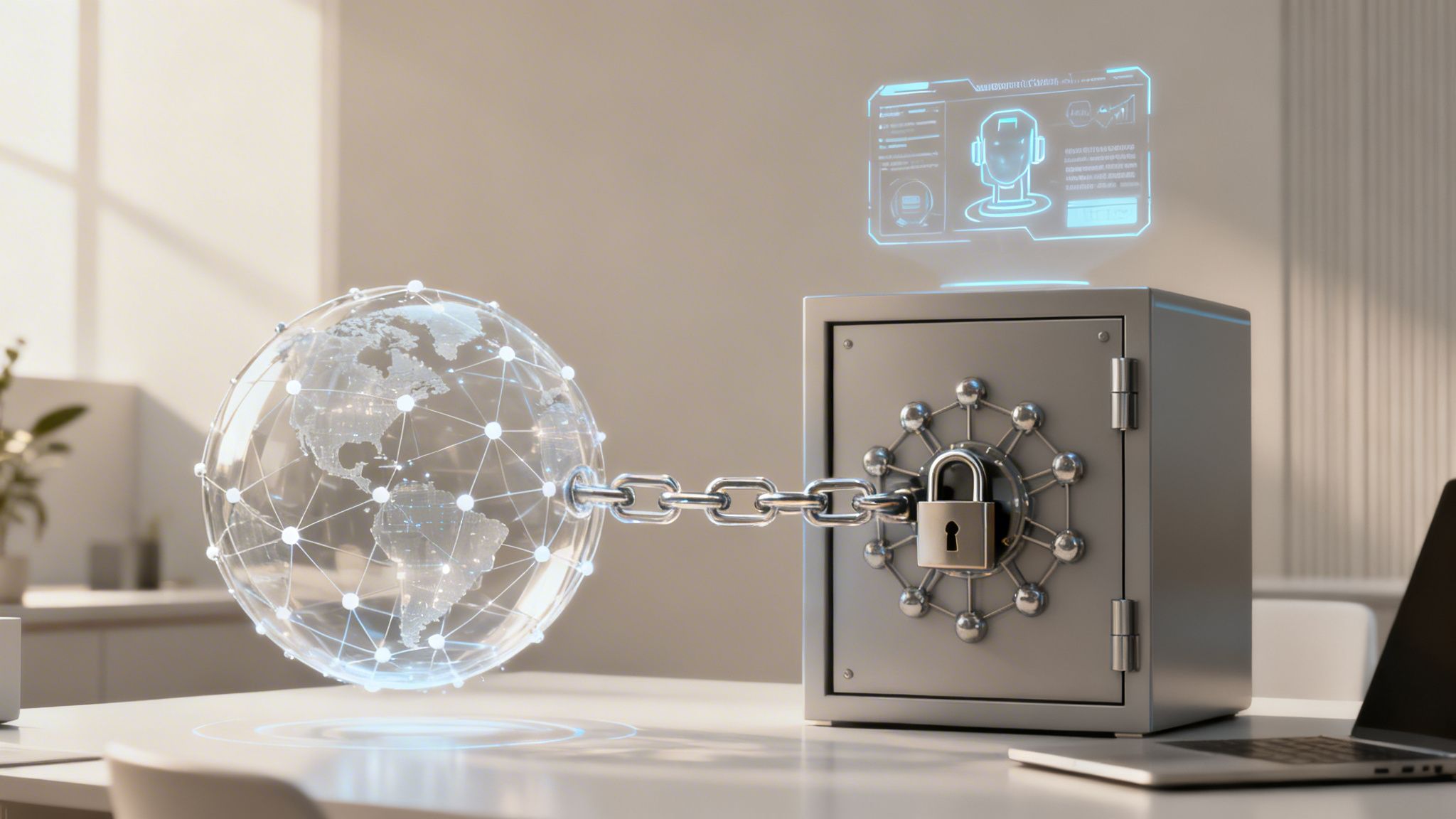 A transparent globe connected by a chain to a locked safe, symbolizing global data security.