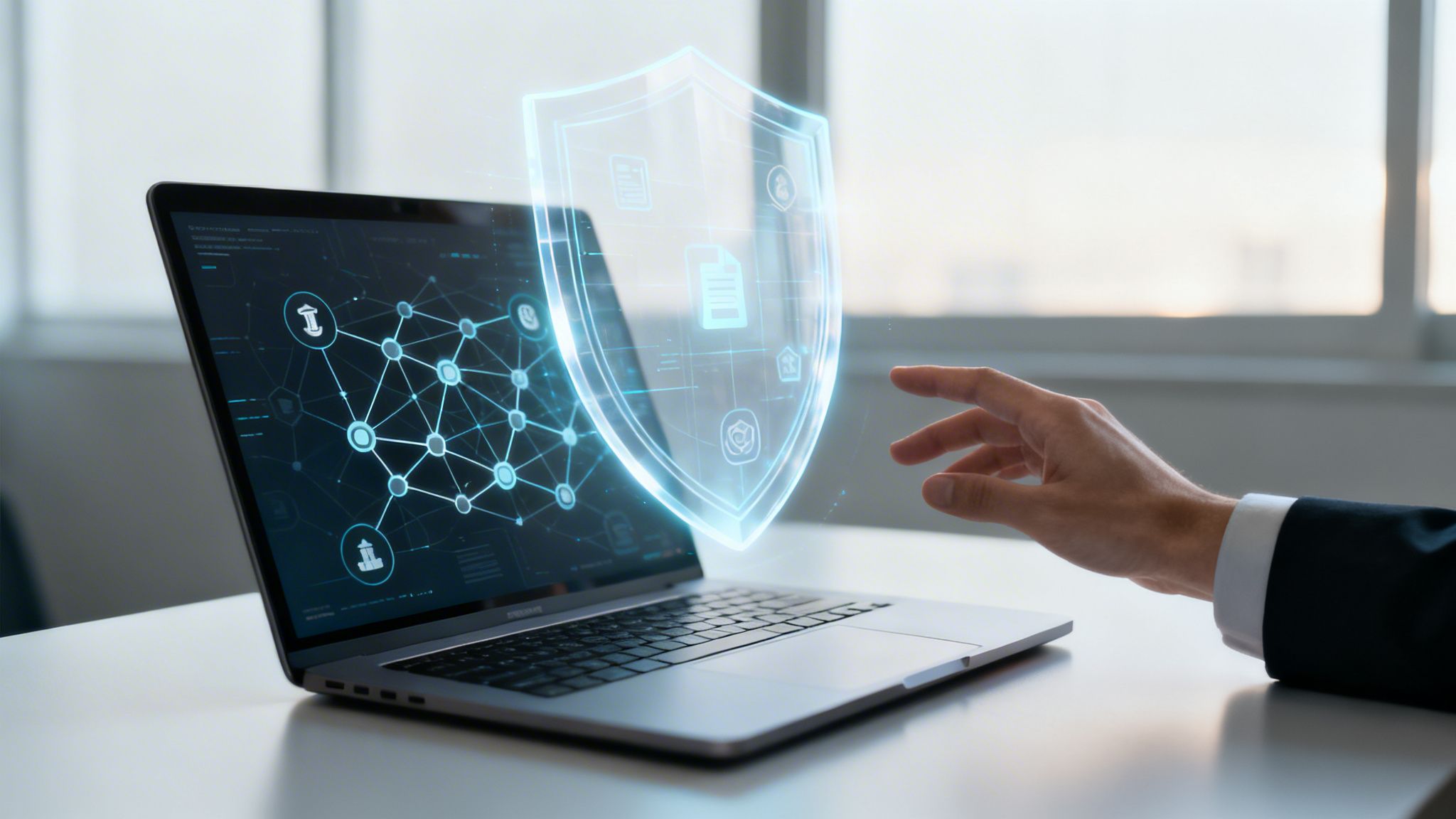 A person's hand reaches for a glowing digital shield and network on a laptop screen, symbolizing data protection.