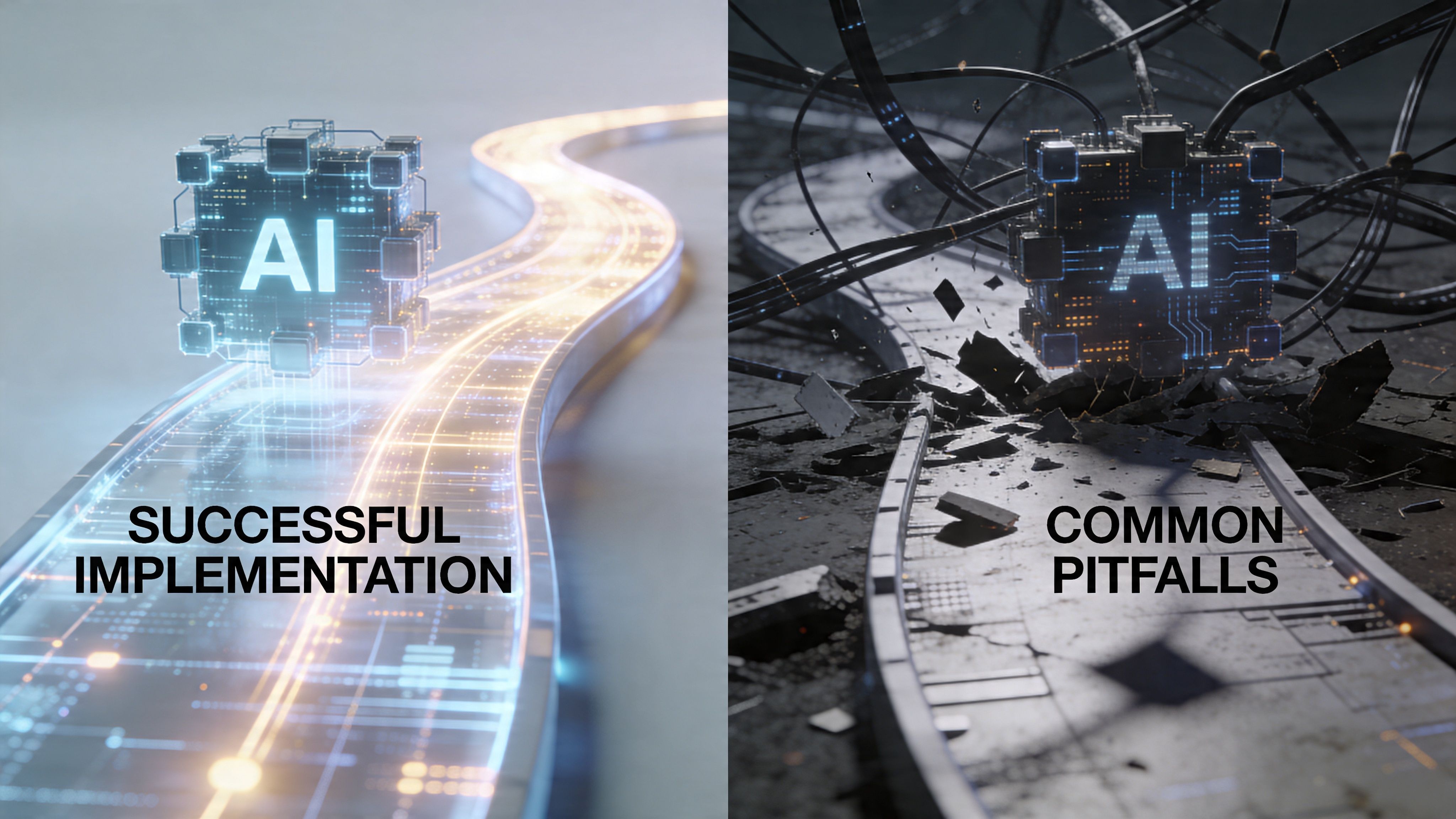 A split conceptual illustration contrasting successful AI implementation with common pitfalls and technological failures.