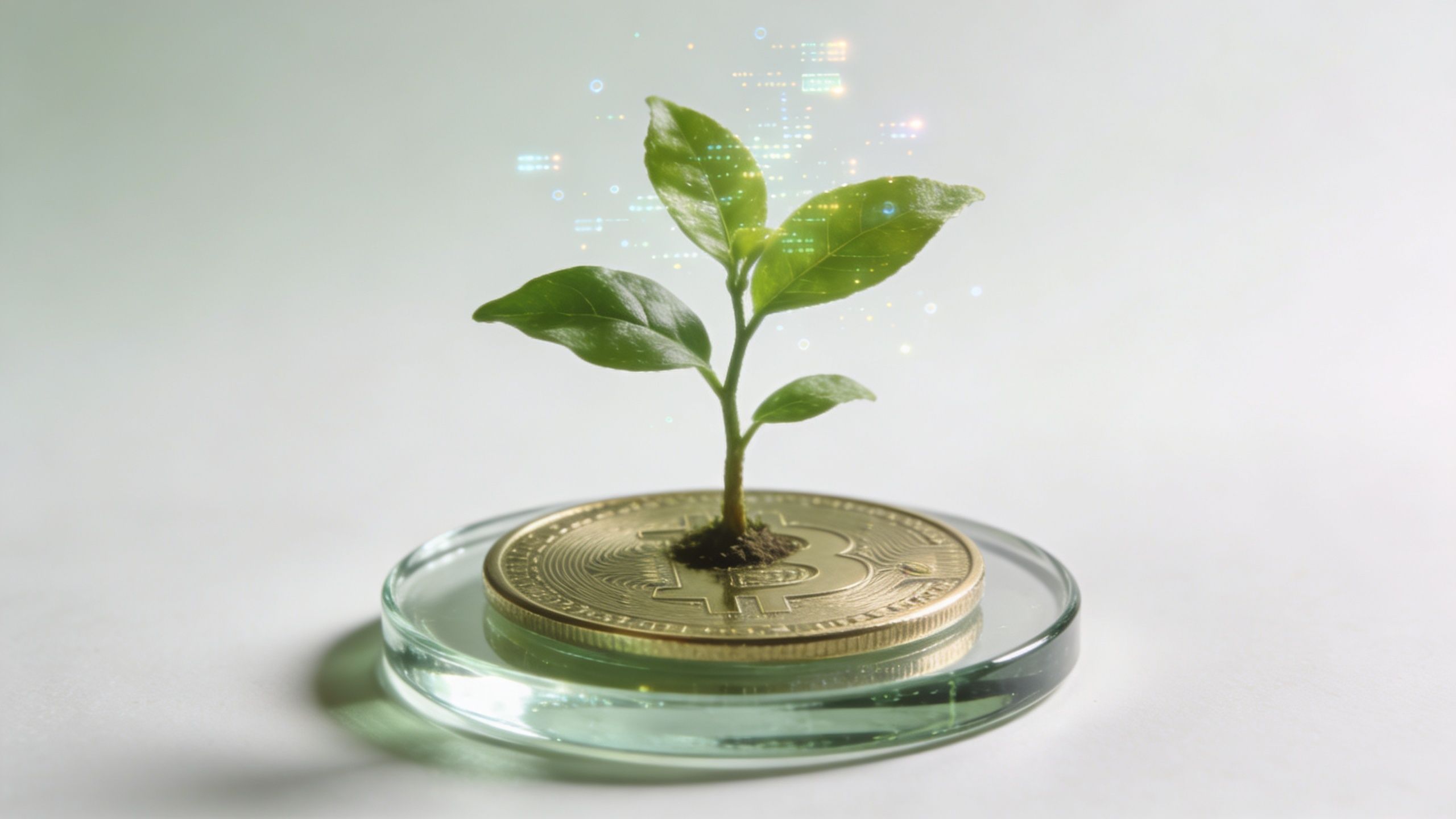 A small green plant growing out of a gold bitcoin symbol inside a glass petri dish.