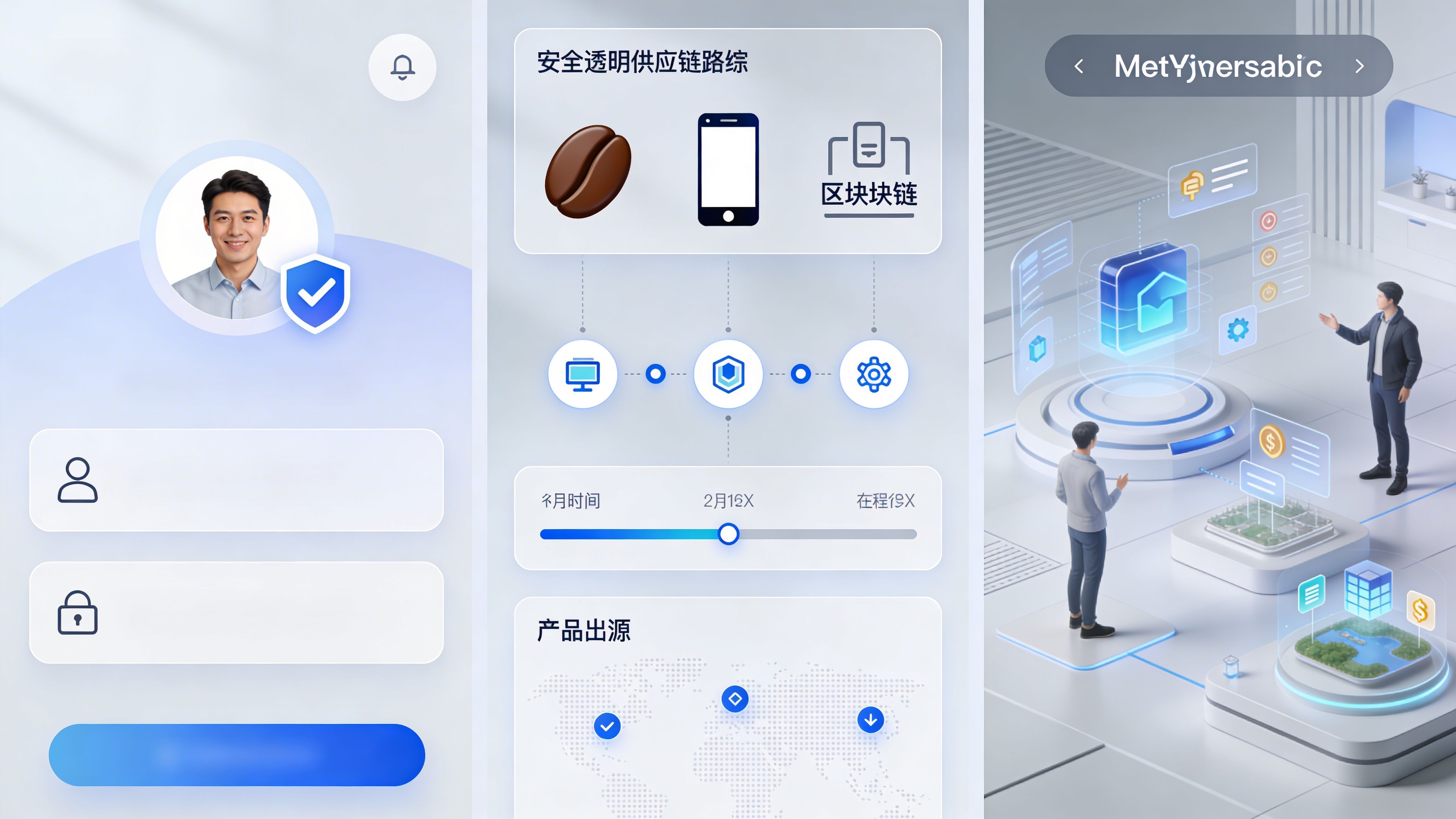 A digital interface showcasing a secure supply chain tracking system with user authentication and blockchain integration features.
