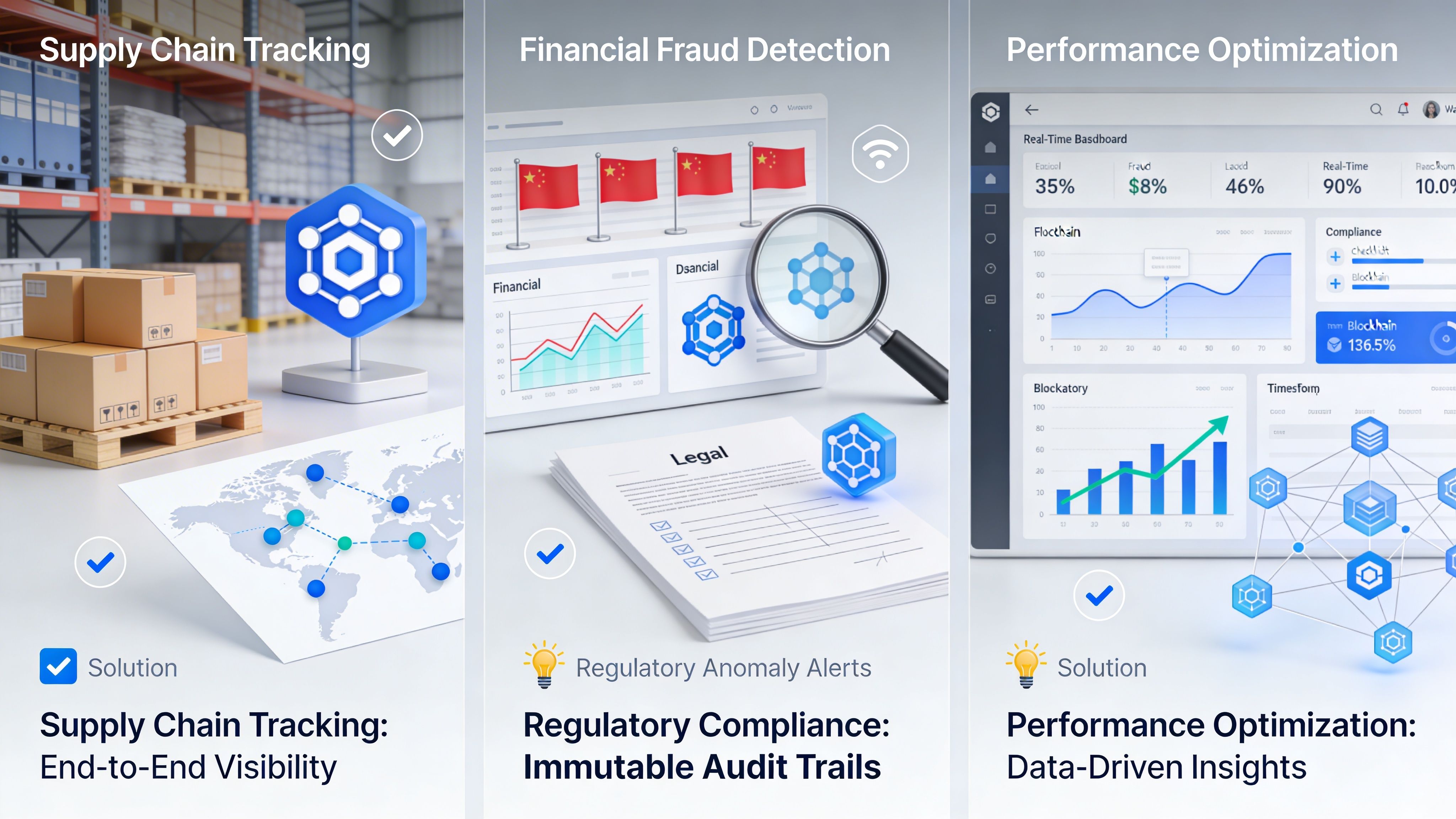 A visual comparison of enterprise blockchain solutions showing supply chain tracking, financial fraud detection, and performance optimization analytics.