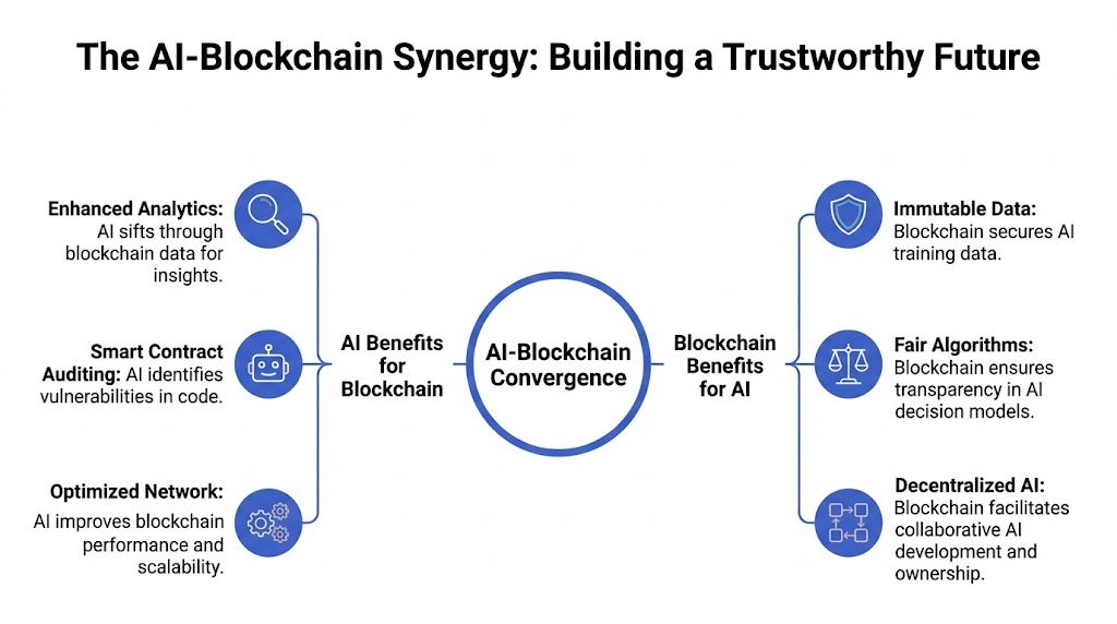 A diagram illustrating the synergy between AI and blockchain technology, highlighting benefits for both industries.