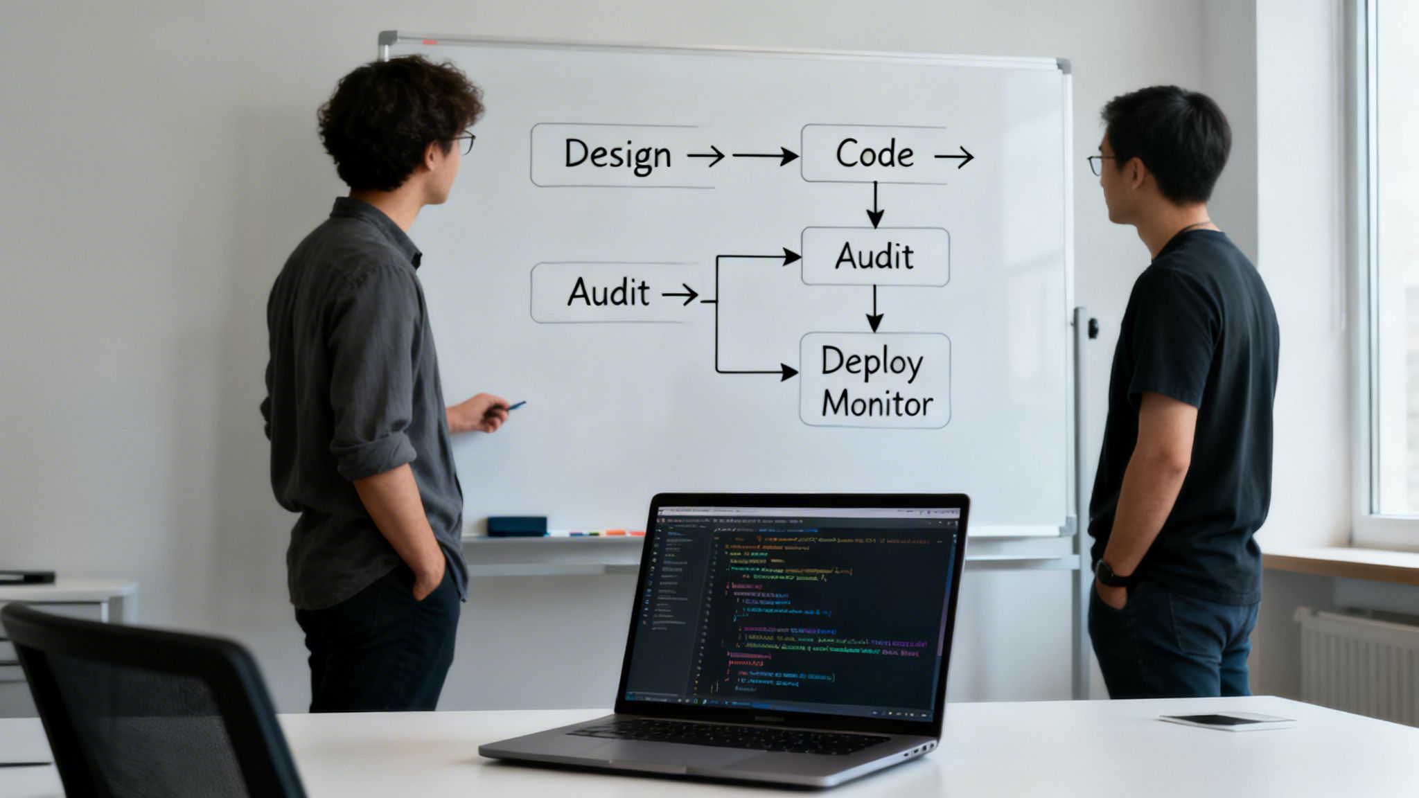Two men discussing a software development workflow diagram on a whiteboard with a laptop showing code.