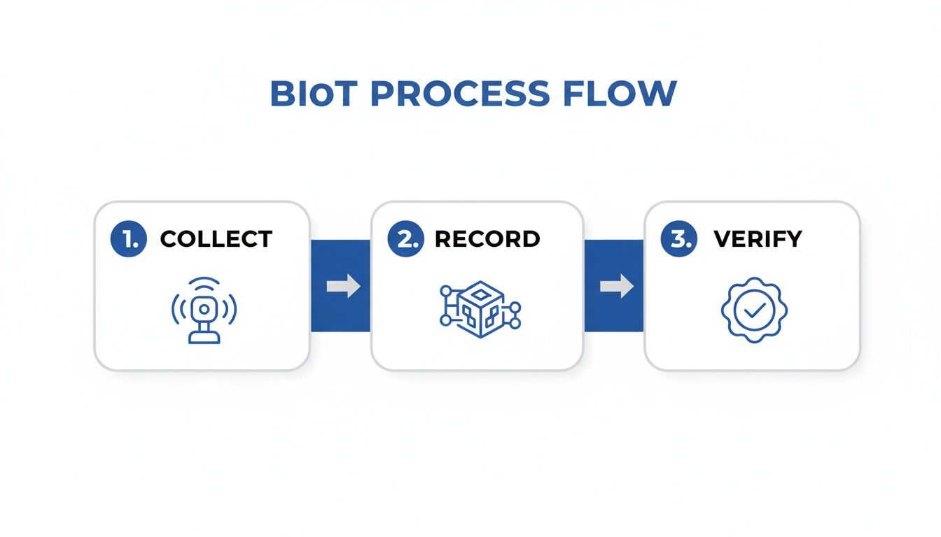 BIoT process flow illustrating data collection with a sensor, recording on blockchain, and verification.