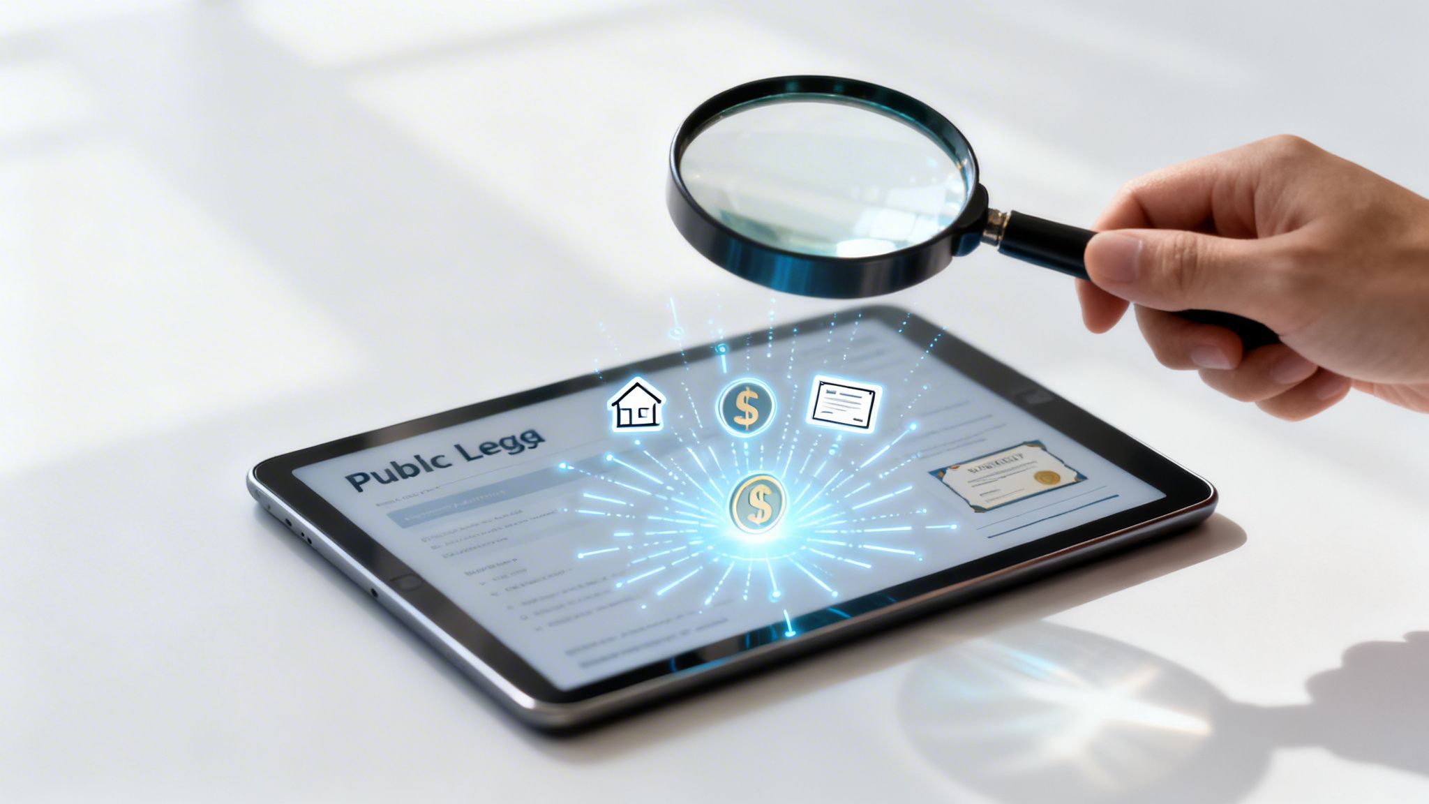 A hand holds a magnifying glass over a tablet showing icons for home, money, and documents, with glowing lines.
