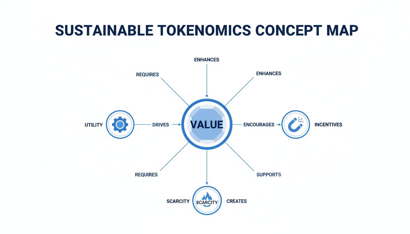 A concept map illustrating sustainable tokenomics, with value at the core, driven by utility, incentives, and scarcity.