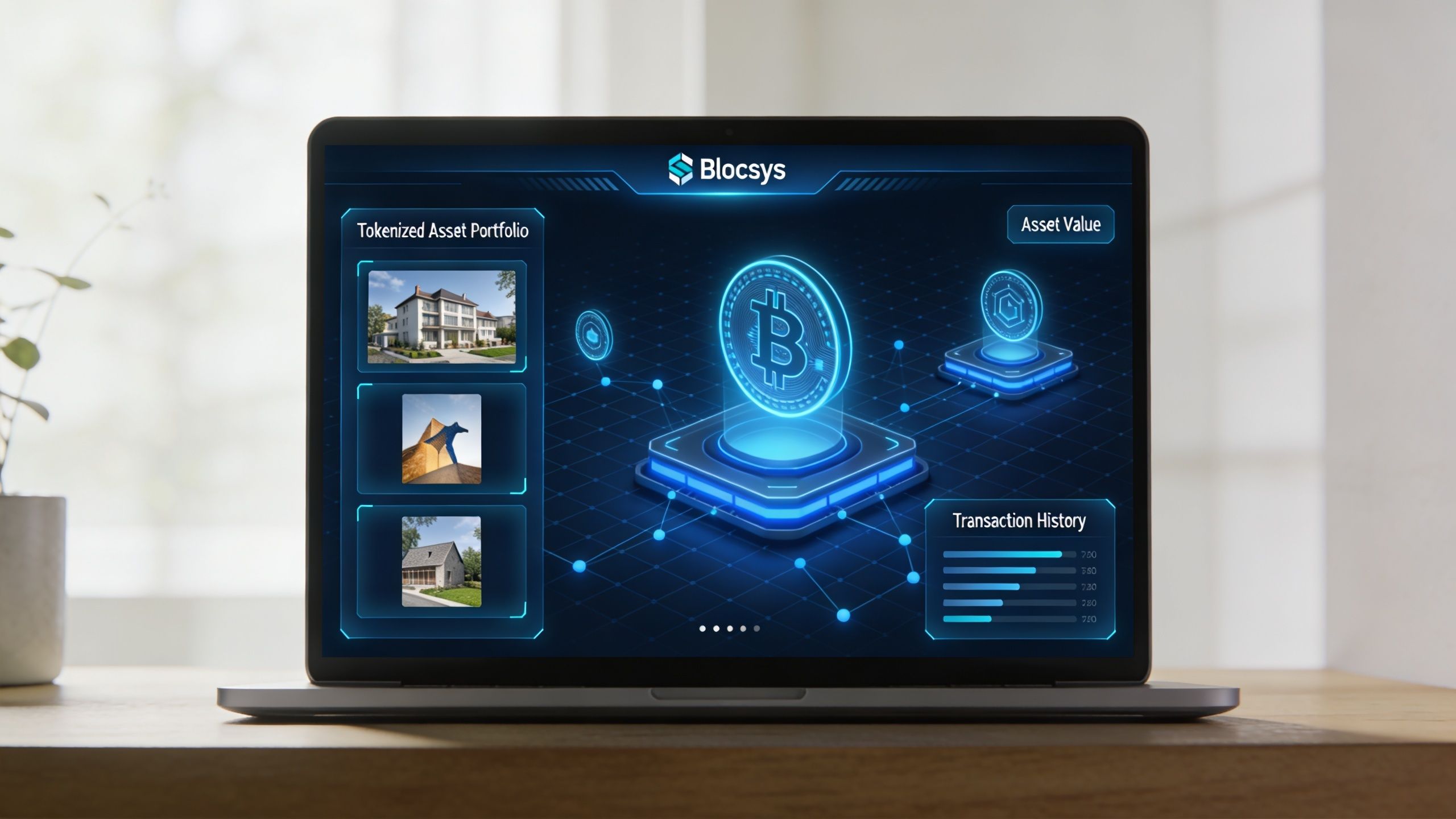 A laptop screen displaying the Blocsys platform interface showing a tokenized asset portfolio and digital financial data.