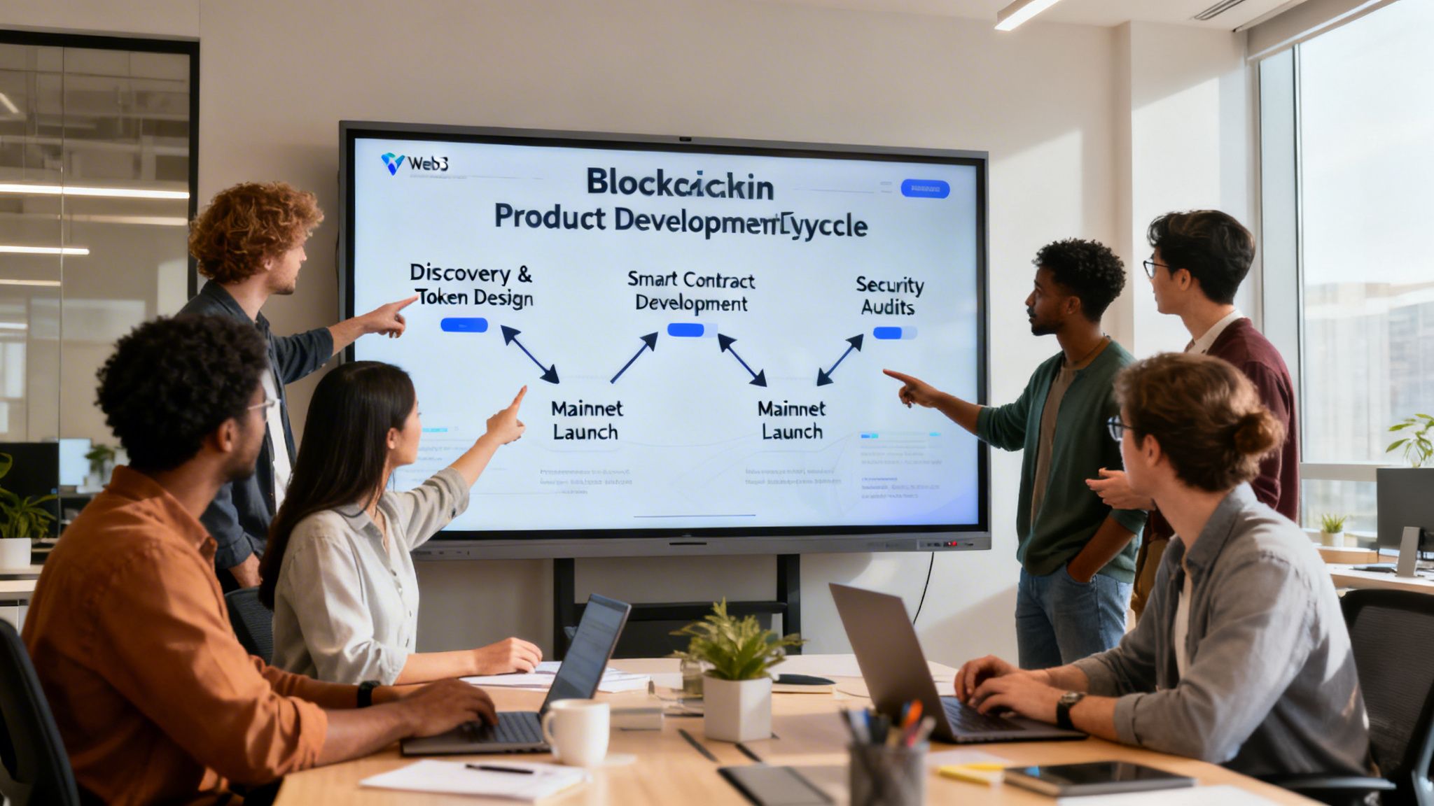 A diverse team of professionals collaborating during a business meeting in front of a digital screen.