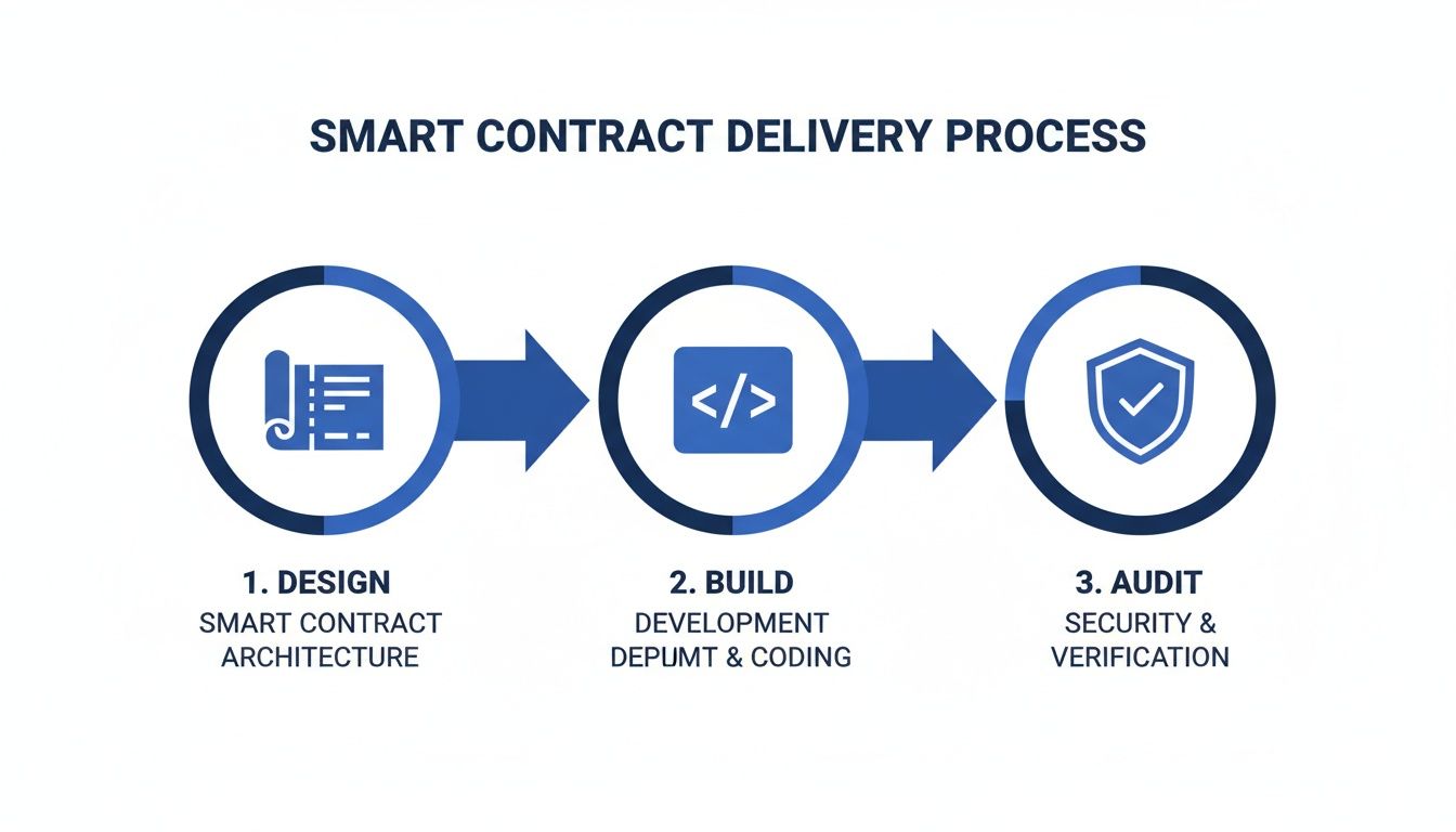 Smart contract delivery process infographic showing design, build, and audit phases with icons.