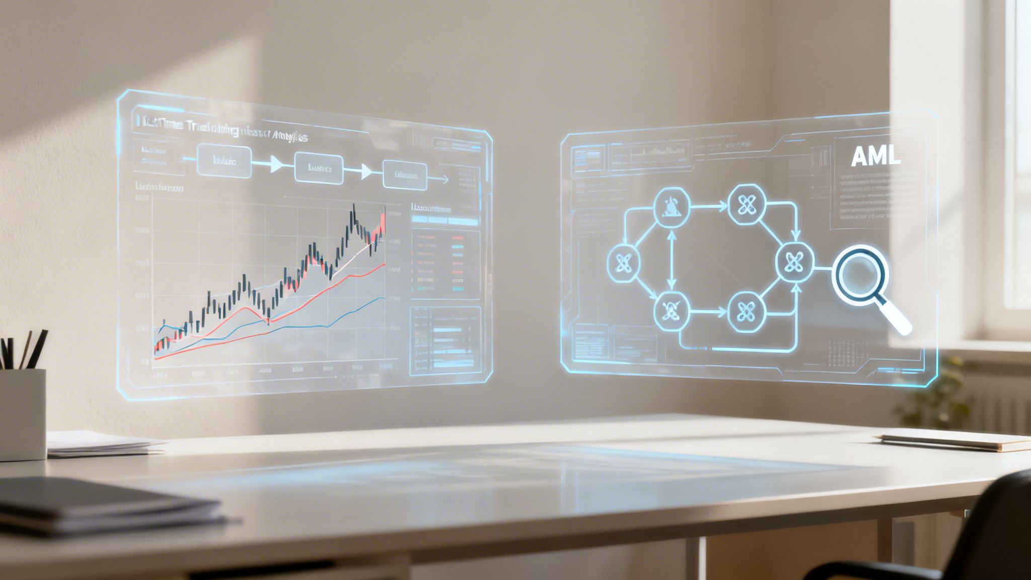 Two holographic screens displaying financial charts and data pipeline architecture on an office desk.