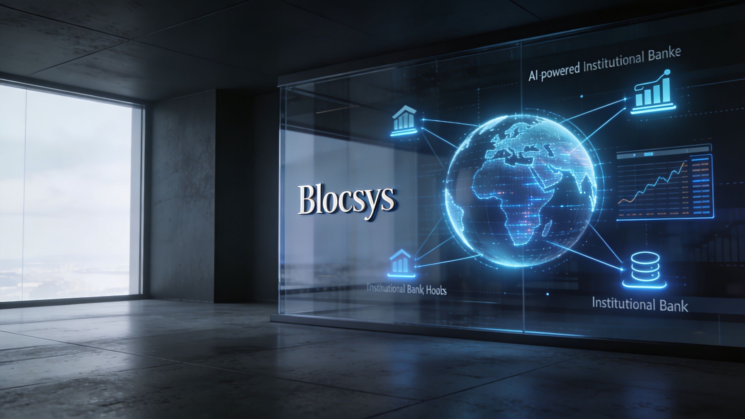 A digital display in a modern office showing a holographic globe connected to financial icons and graphs.