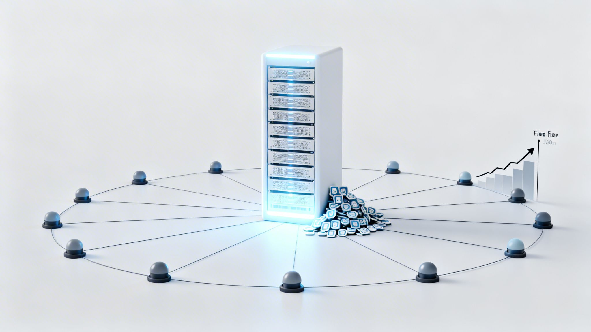 A glowing central server connected to a circular network of nodes, with data piles and a rising fee graph.