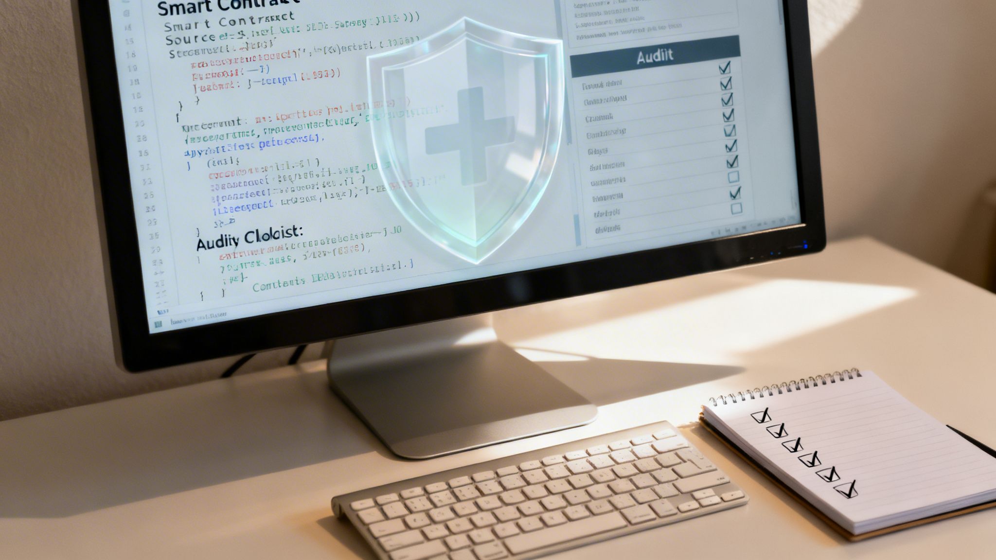 A computer screen displays smart contract code and an audit checklist, overlaid with a secure health shield.
