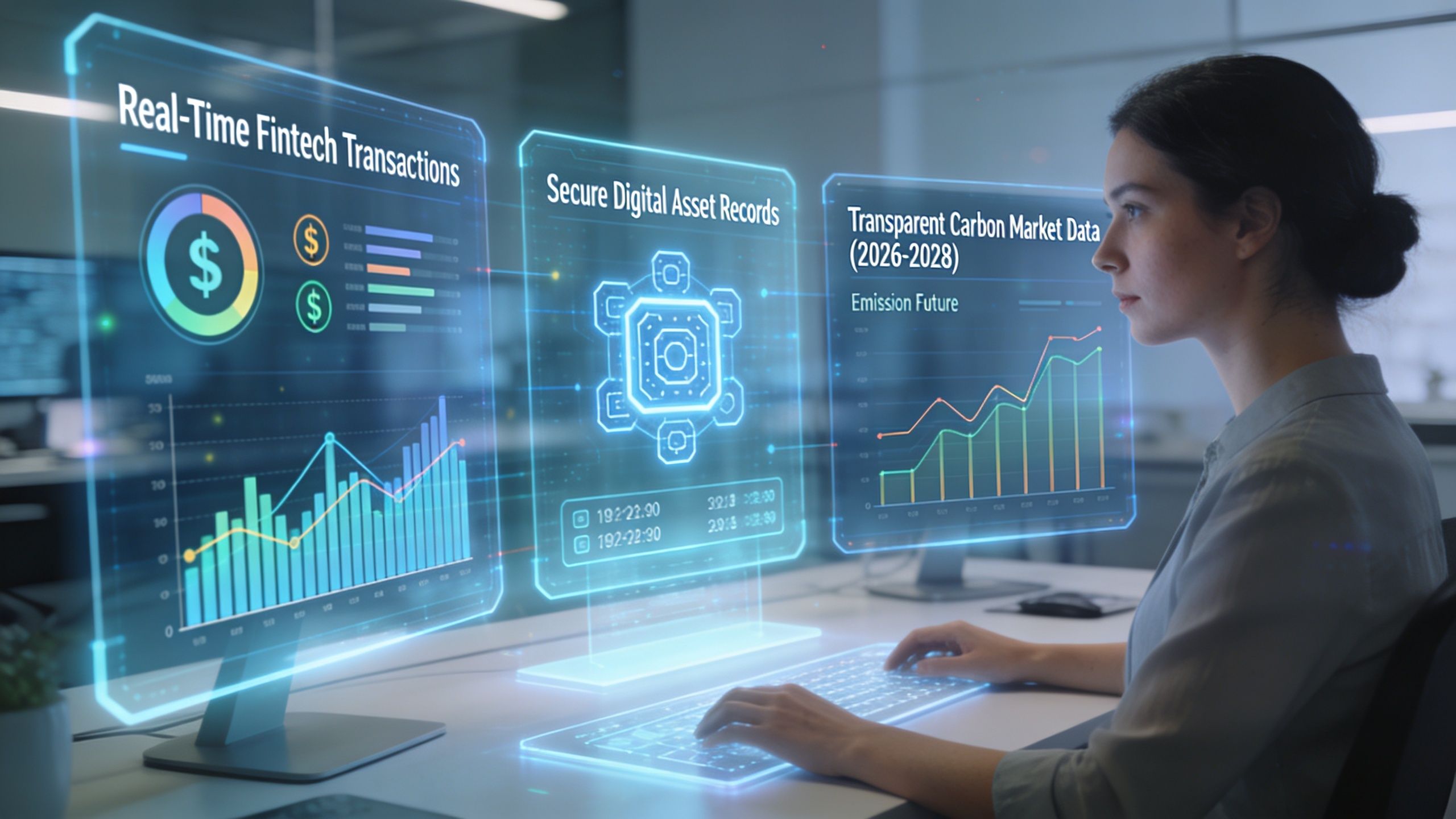 A professional woman working at a computer with holographic data displays showing financial and blockchain information.