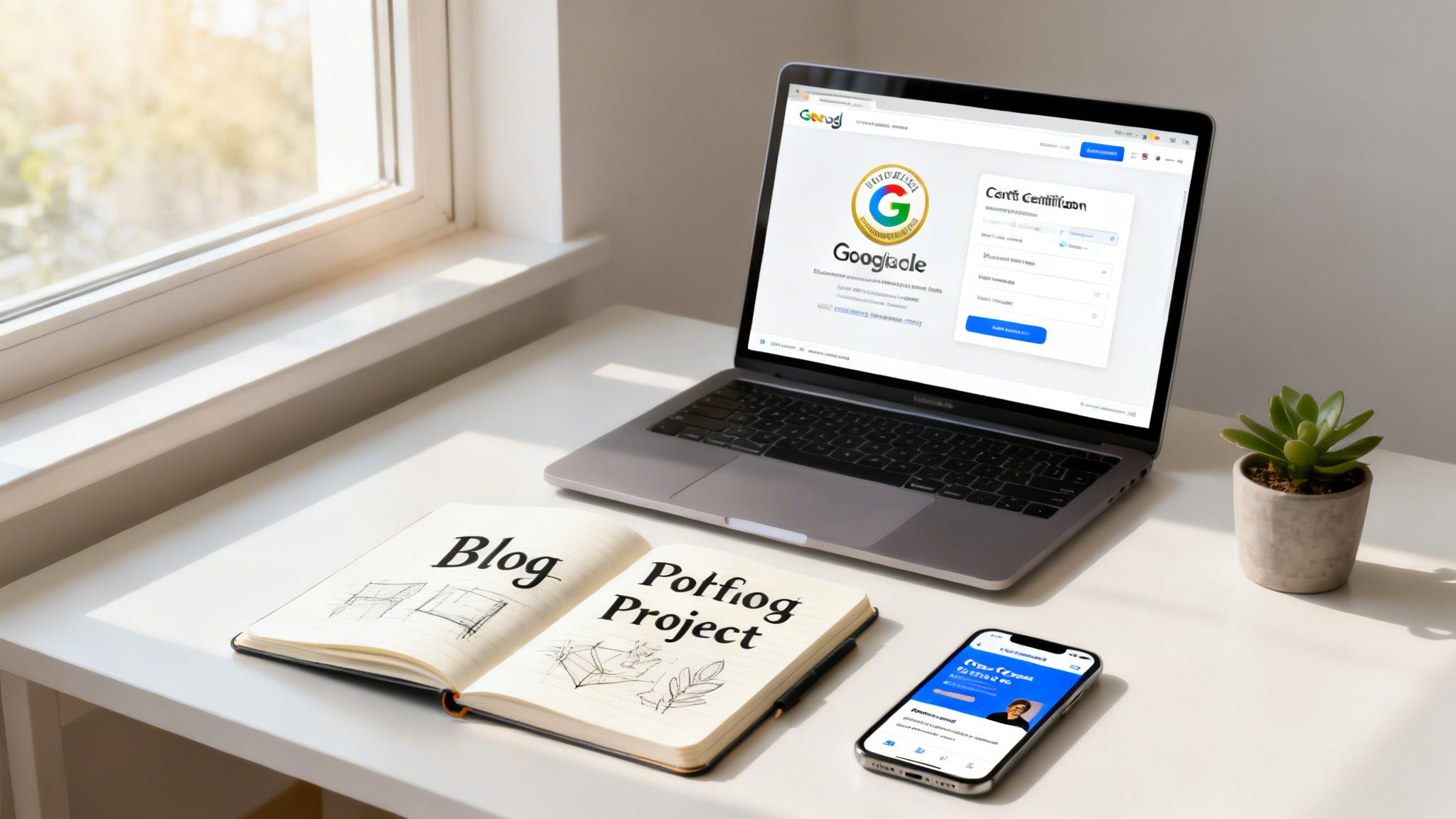 A bright home office desk setup featuring a laptop with a certification page, an open notebook, and a smartphone.