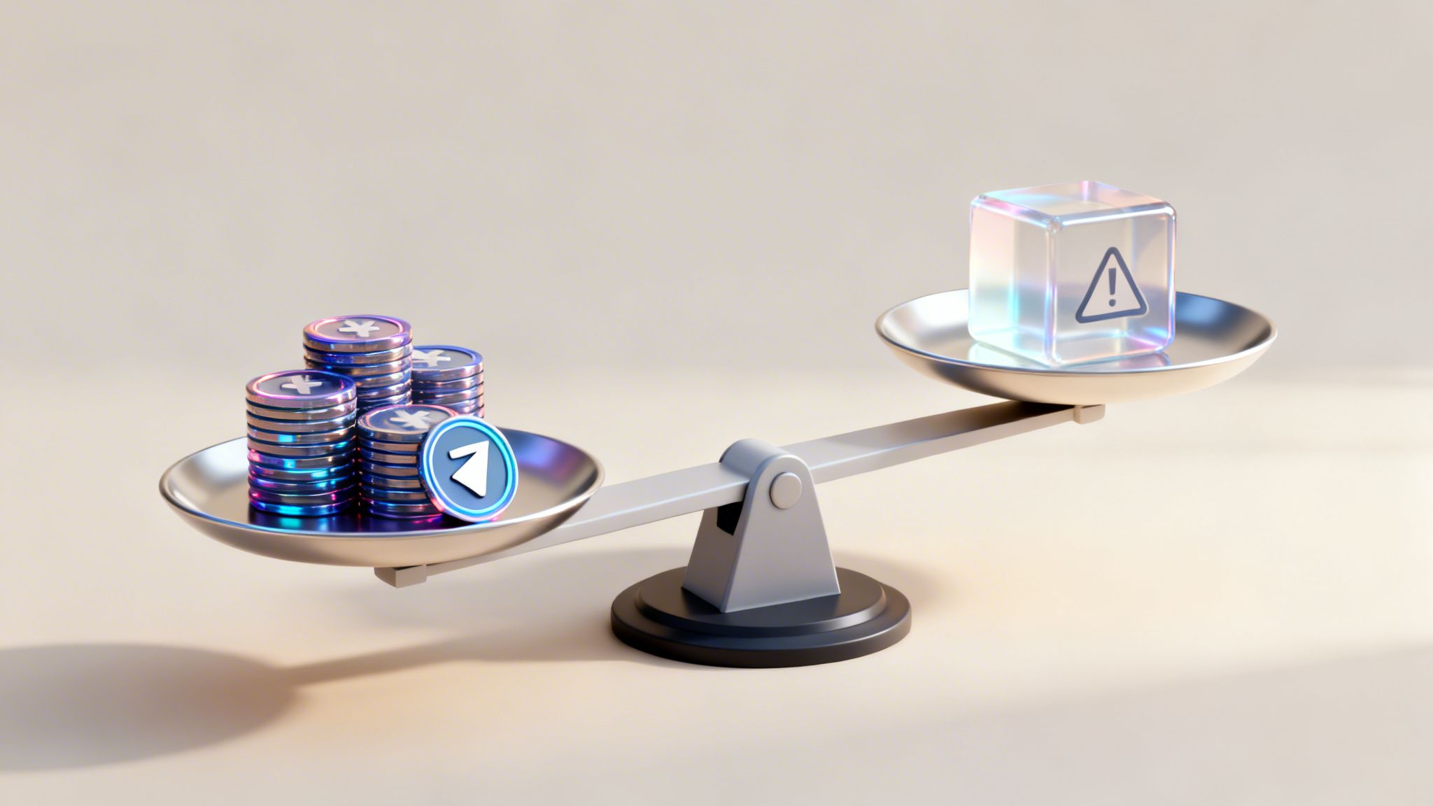 A scale weighing stacks of digital currency tokens against a transparent cube with an alert symbol.