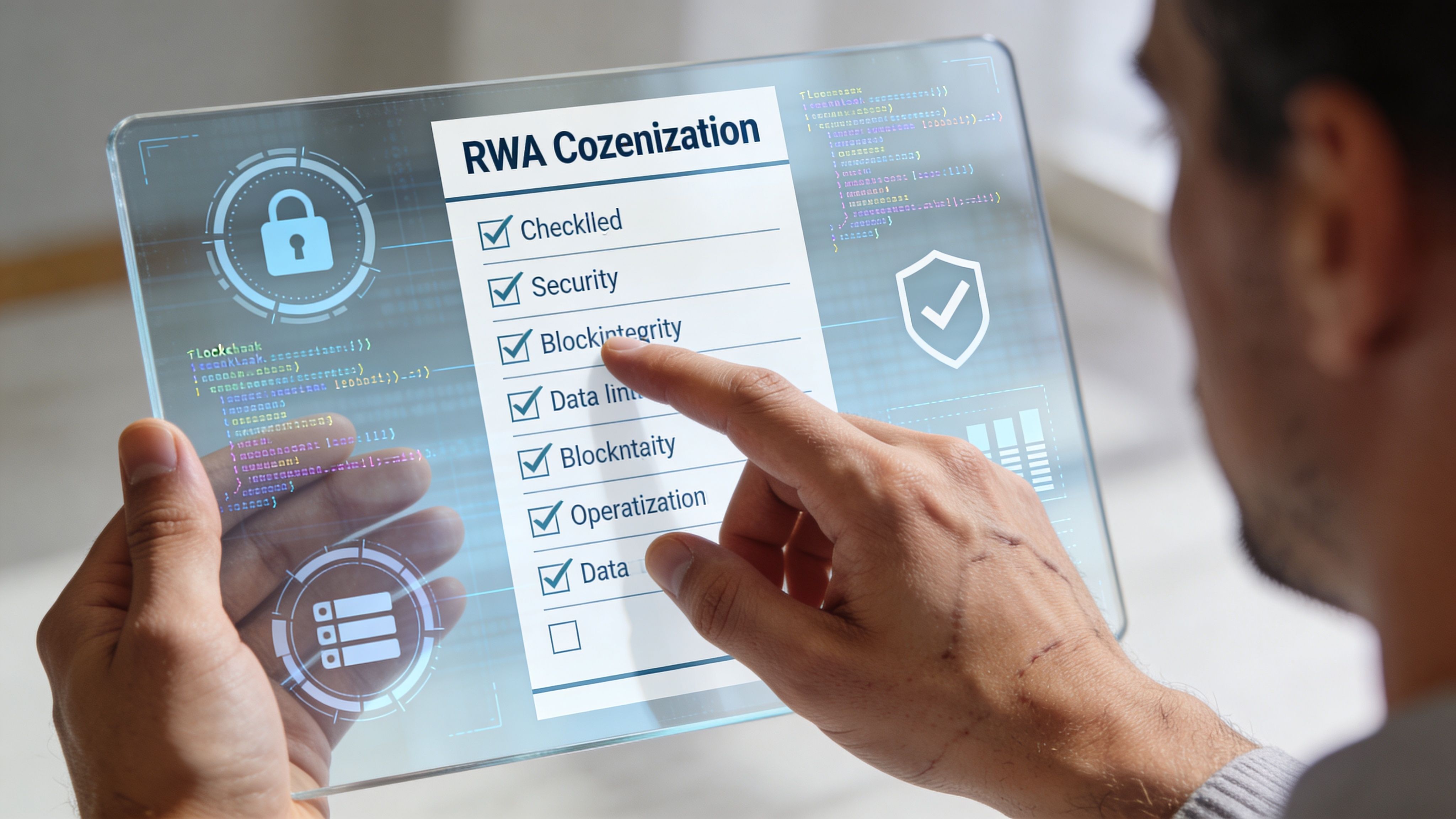 A person interacting with a transparent digital tablet displaying a checklist for RWA tokenization concepts.