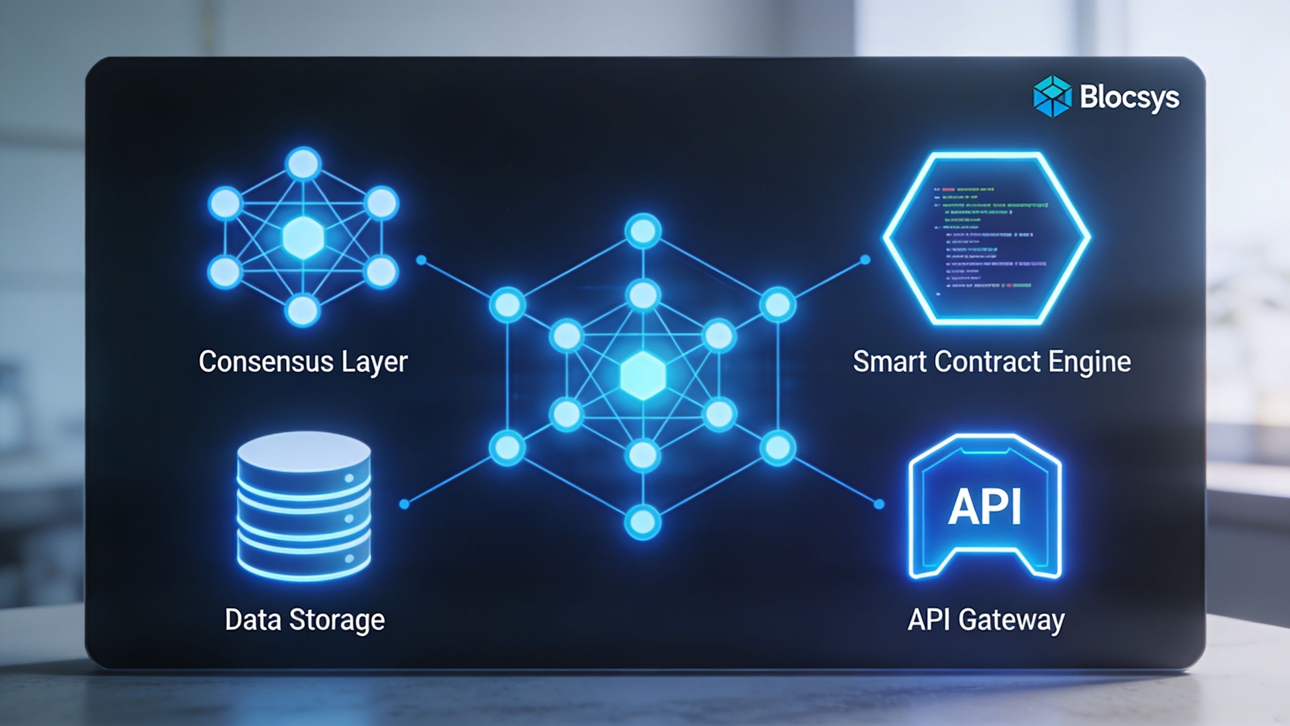 A diagram illustrating Blockchain technology components including consensus, storage, smart contracts, and an API gateway.