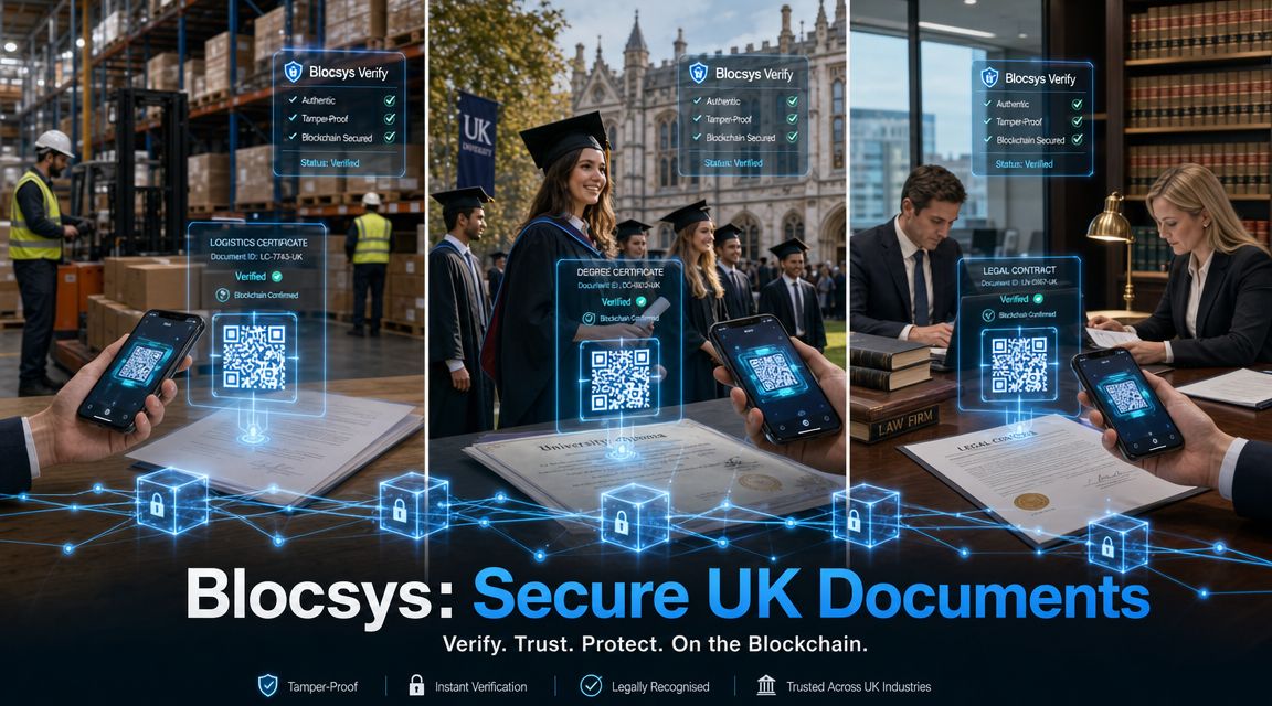 A digital display demonstrating Blocsys blockchain document verification for logistics, education, and legal sectors using QR codes.