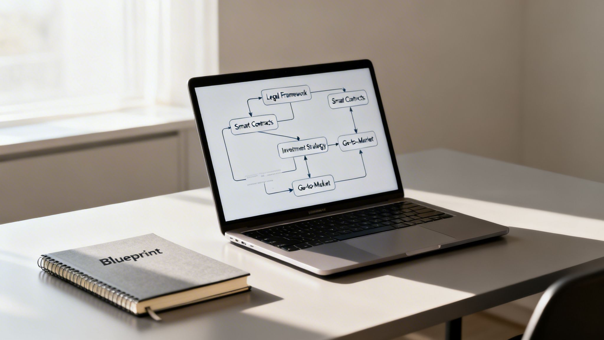A laptop on a desk displays a diagram showing a legal framework and smart contracts investment strategy.