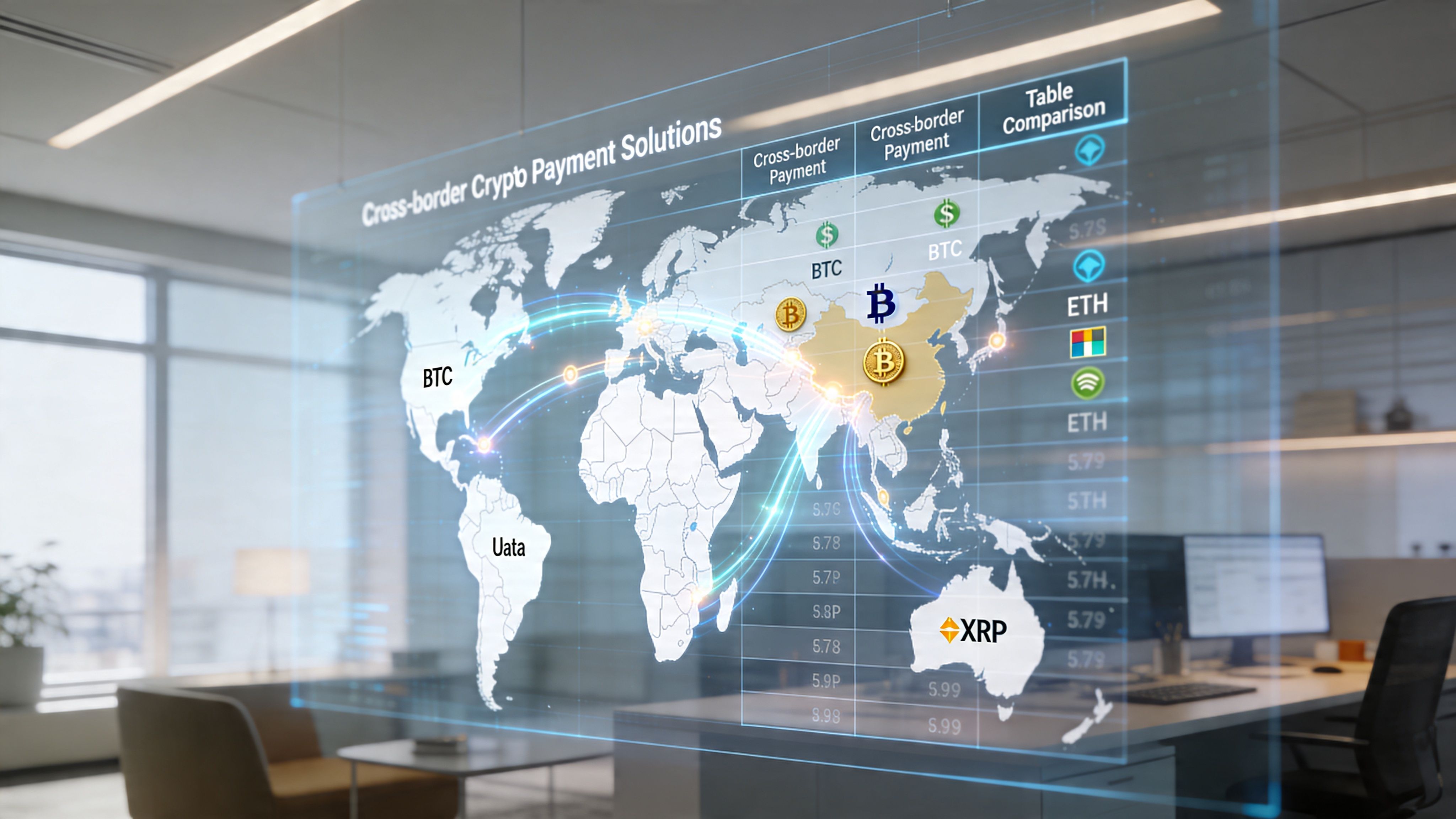 A digital display in an office showing a map for cross-border crypto payment solutions globally.