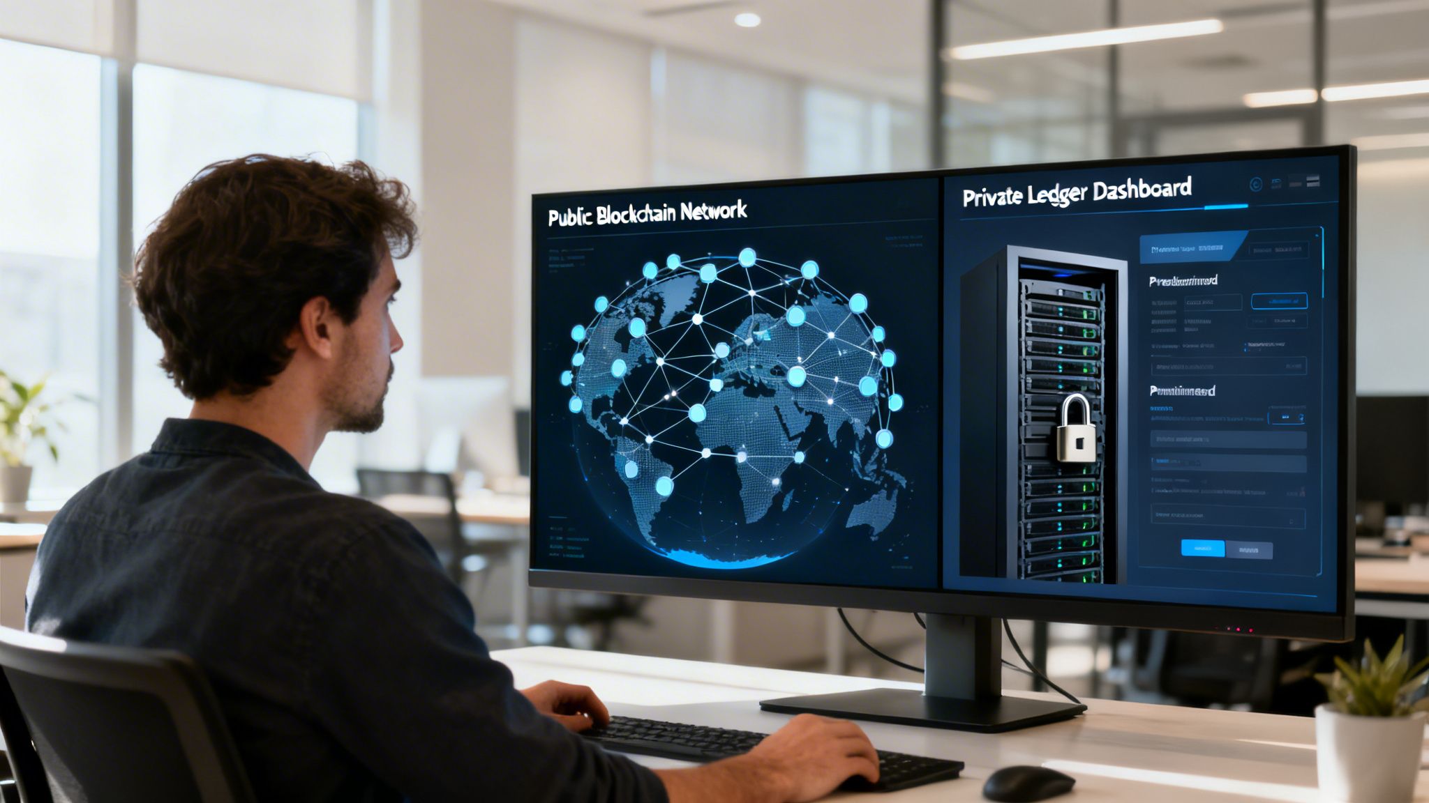 Man working on a computer displaying public blockchain network and private ledger dashboard.